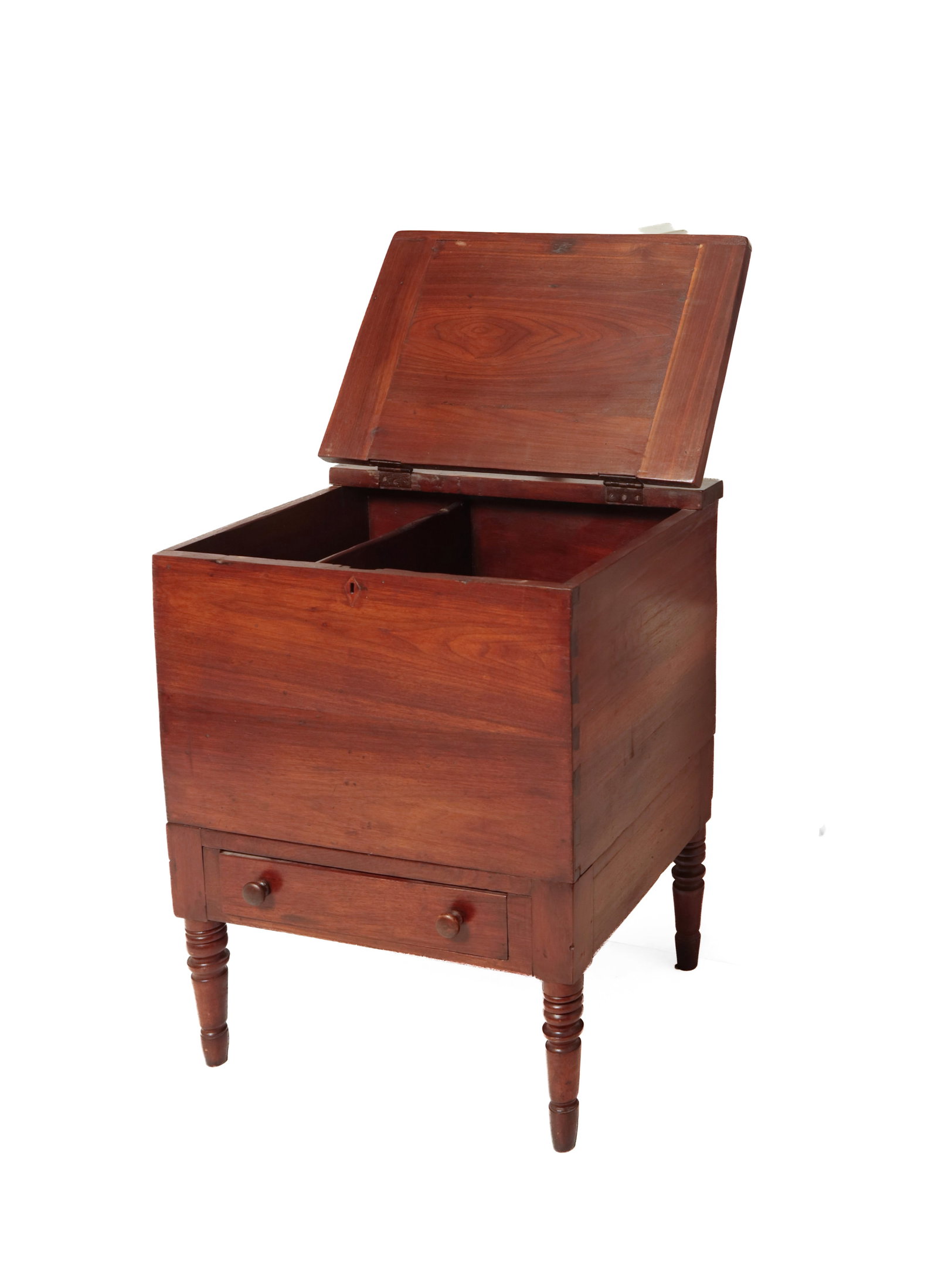 SOUTHERN LATE SHERATON SUGAR CHEST.: SOUTHERN LATE SHERATON SUGAR CHEST. American, second quarter 19th Century. Walnut with poplar secondary. Hinged lid with breadboard ends and applied front edge molding. Dovetailed case, lower