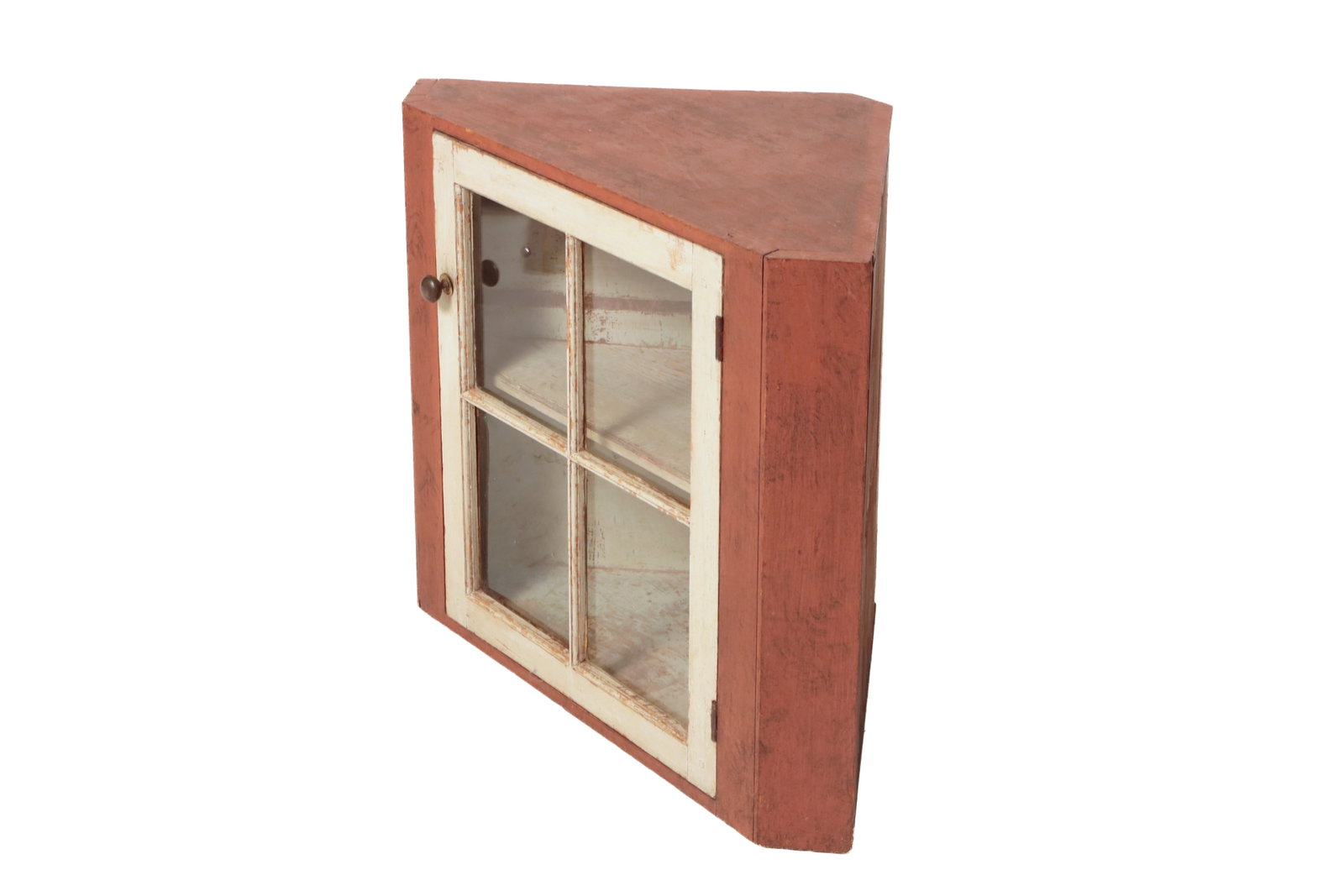SHENANDOAH VALLEY HANGING CORNER CUPBOARD IN ORIGINAL PAINT.: SHENANDOAH VALLEY HANGING CORNER CUPBOARD IN ORIGINAL PAINT. American (Viriginia or West Virginia), early 19th Century. Pine. Constructed with pegs and square and rosehead nails. Single white-painted