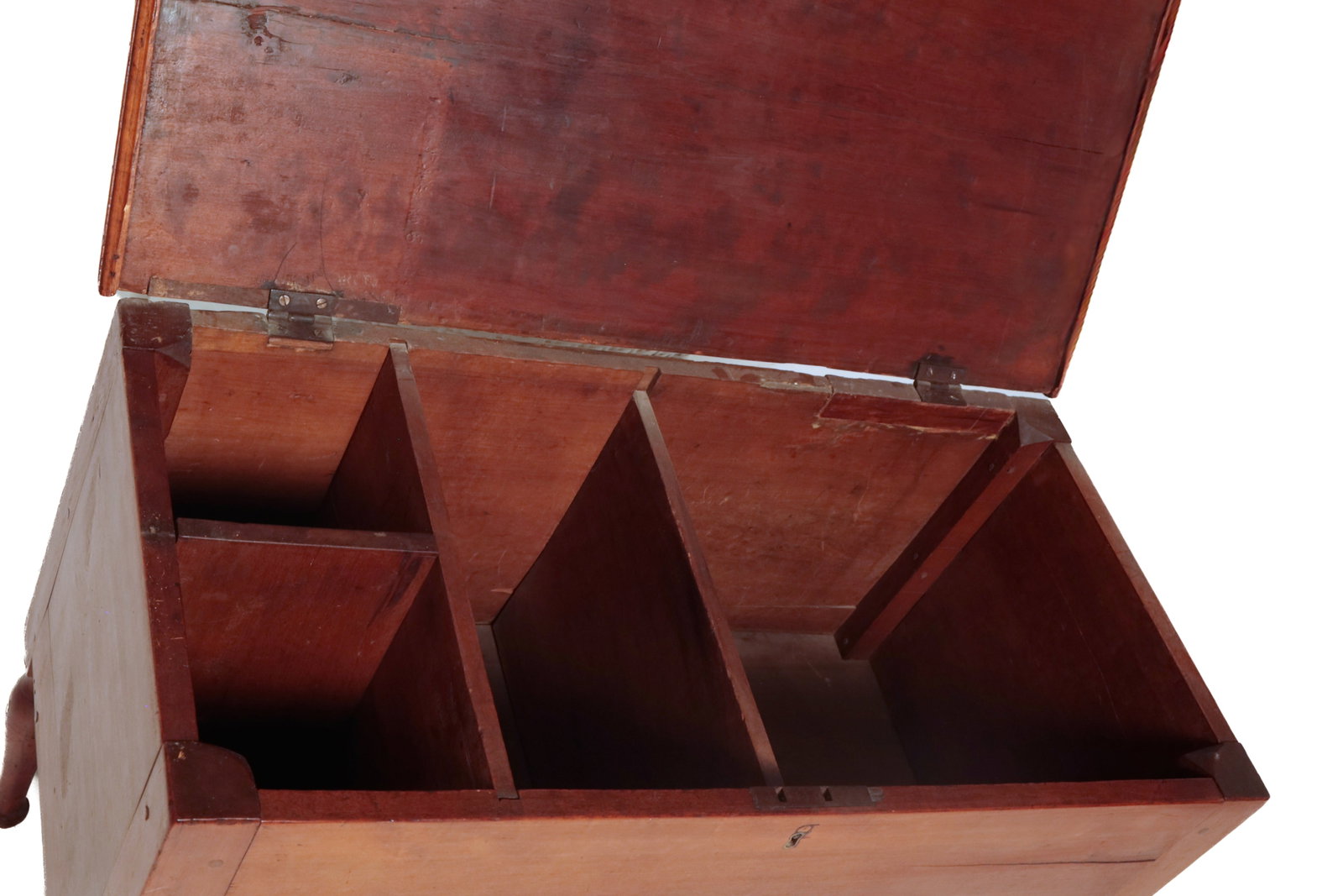 KENTUCKY WALNUT SUGAR CHEST OR CELLARETTE.: KENTUCKY WALNUT SUGAR CHEST OR CELLARETTE. American, first half 19th Century. Rectangular top with applied edge molding, hinged lid, fitted interior with three wells, raised on four turned legs, with 