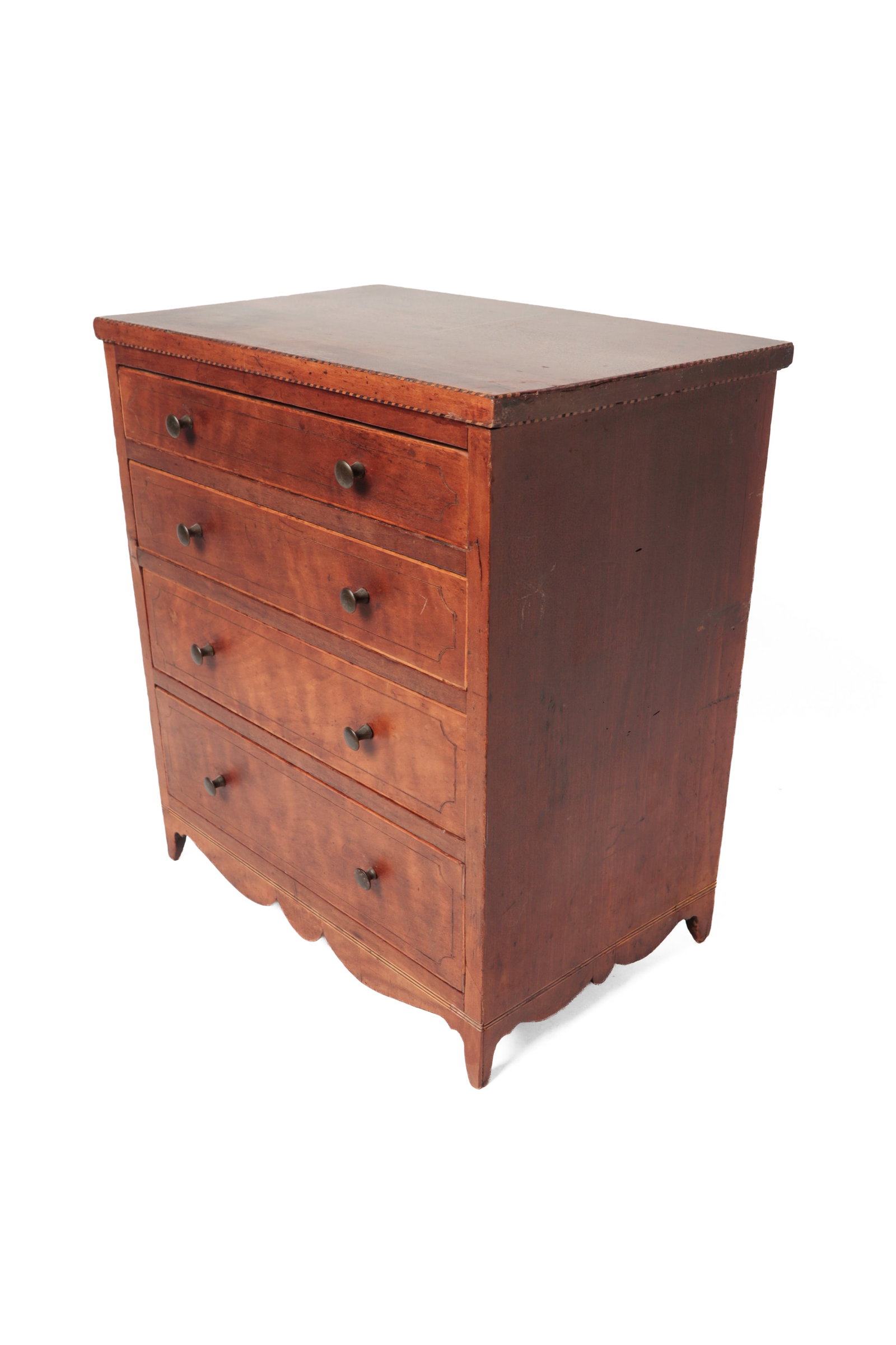 MINIATURE HEPPLEWHITE INLAID CHERRY CHEST.: MINIATURE HEPPLEWHITE INLAID CHERRY CHEST. American, 19th Century. Banded inlays, single-board rectangular top, solid ends, French feet, four graduated dovetailed drawers with slightly incised