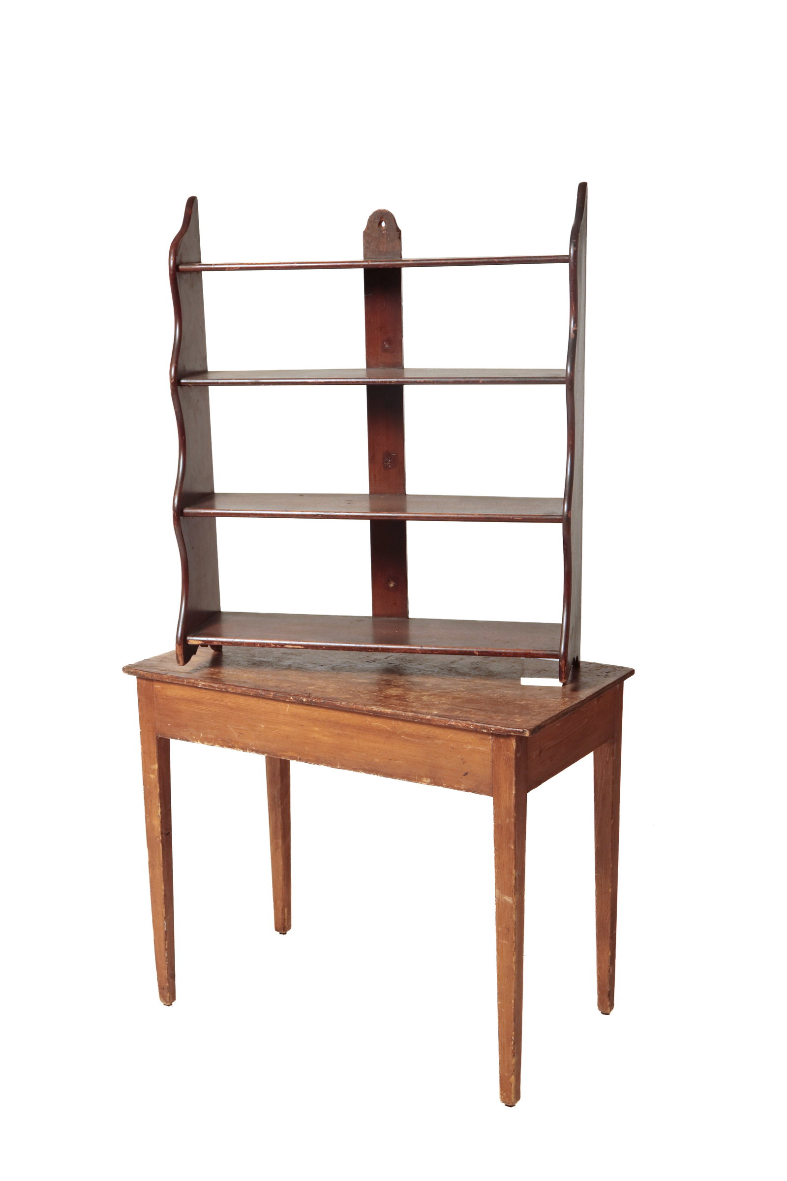 COUNTRY HEPPLEWHITE WORK TABLE AND SET OF WALNUT HANGING SHELVES.: COUNTRY HEPPLEWHITE WORK TABLE AND SET OF WALNUT HANGING SHELVES. American, 19th Century. Pine work table with rectangular top, solid apron, and square tapered legs. 29"h. 36"w. 19"d. Set of four