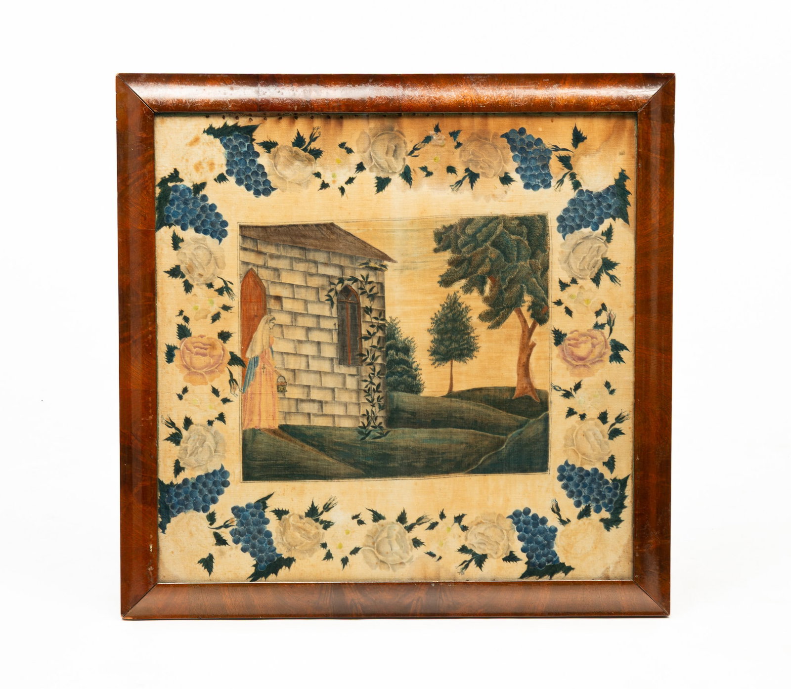 AMERICAN SCHOOL THEOREM ON VELVET DEPICTING A NUN.: AMERICAN SCHOOL THEOREM ON VELVET DEPICTING A NUN. 19th Century. Polychrome pigment on velvet. Freehand depiction of a nun dressed in pink and blue and carrying a basket outside of a Gothic stone chur