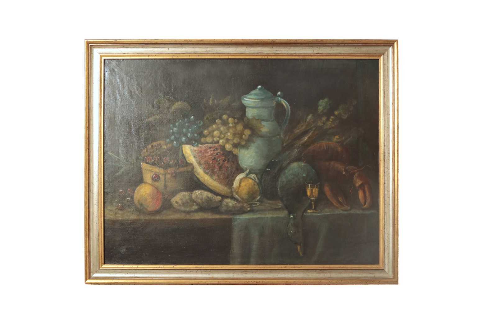 LARGE OIL ON CANVAS STILL LIFE OF A BOUNTIFUL TABLETOP. (1 of 3)