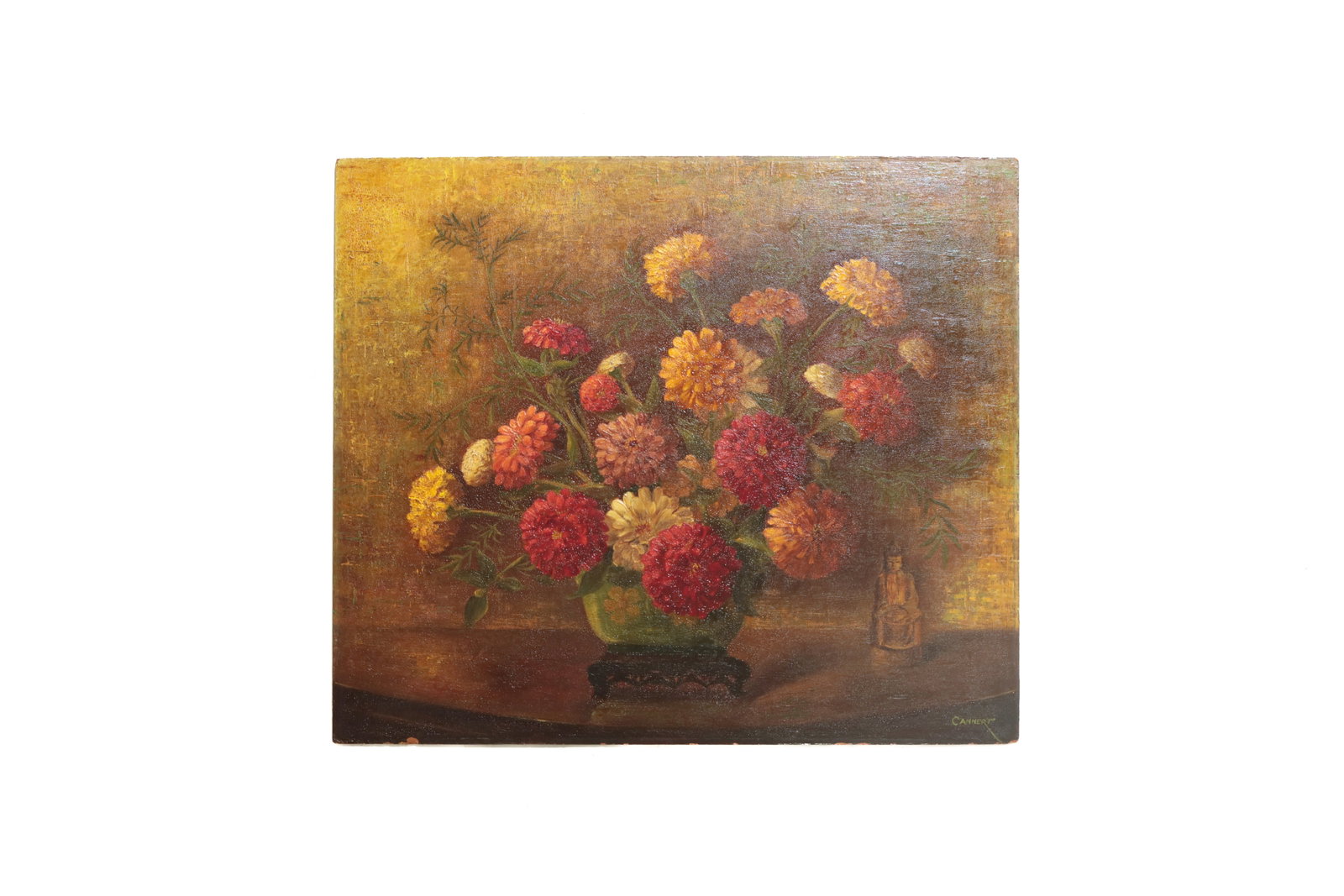 JULES CANNERT (AMERICAN, 1890 - 1954) OIL ON MASONITE FLORAL STILL LIFE.: JULES CANNERT (AMERICAN, 1890 - 1954) OIL ON MASONITE FLORAL STILL LIFE. American (New York, New York), first half 20th Century. Chrysanthemums in a Chinese bowl, Buddha in background, all on a hall