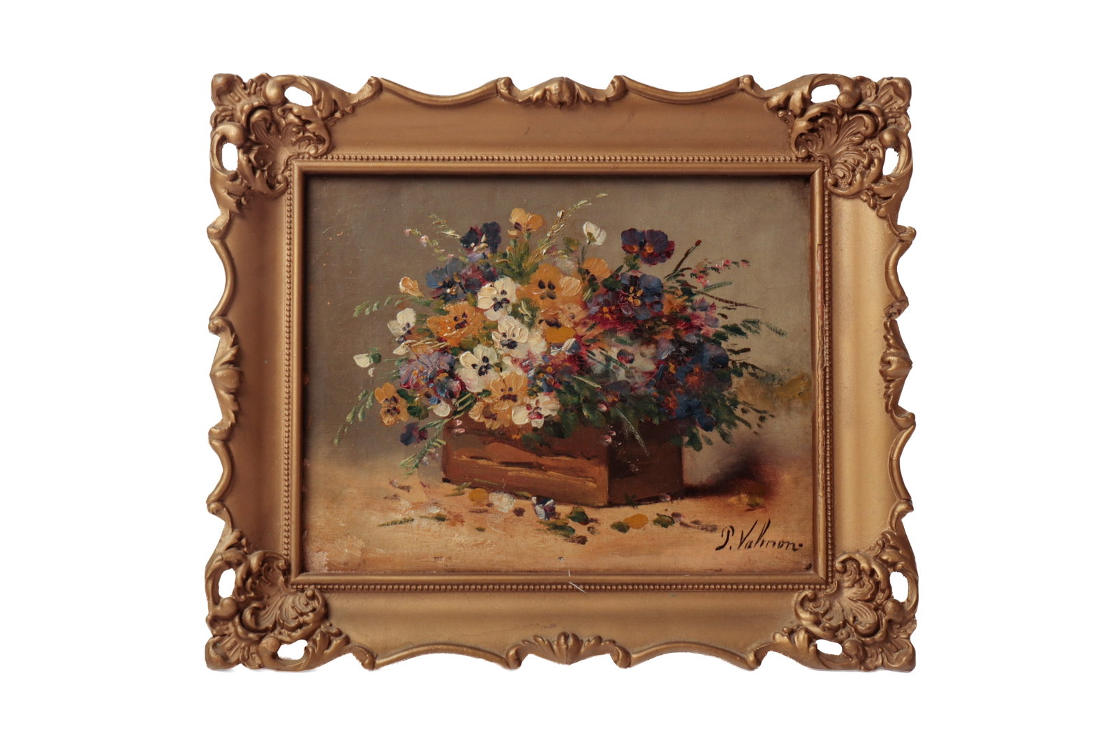OIL ON CANVAS FLORAL STILL LIFE, AFTER P. VALMON.: OIL ON CANVAS FLORAL STILL LIFE, AFTER P. VALMON. European, late 19th Century. Colorful bouquet of pansies in a wooden box. Signed lower right. 7.75"h. 9.5"w. In a period frame, 10.5"h. 12.5"w. Proven