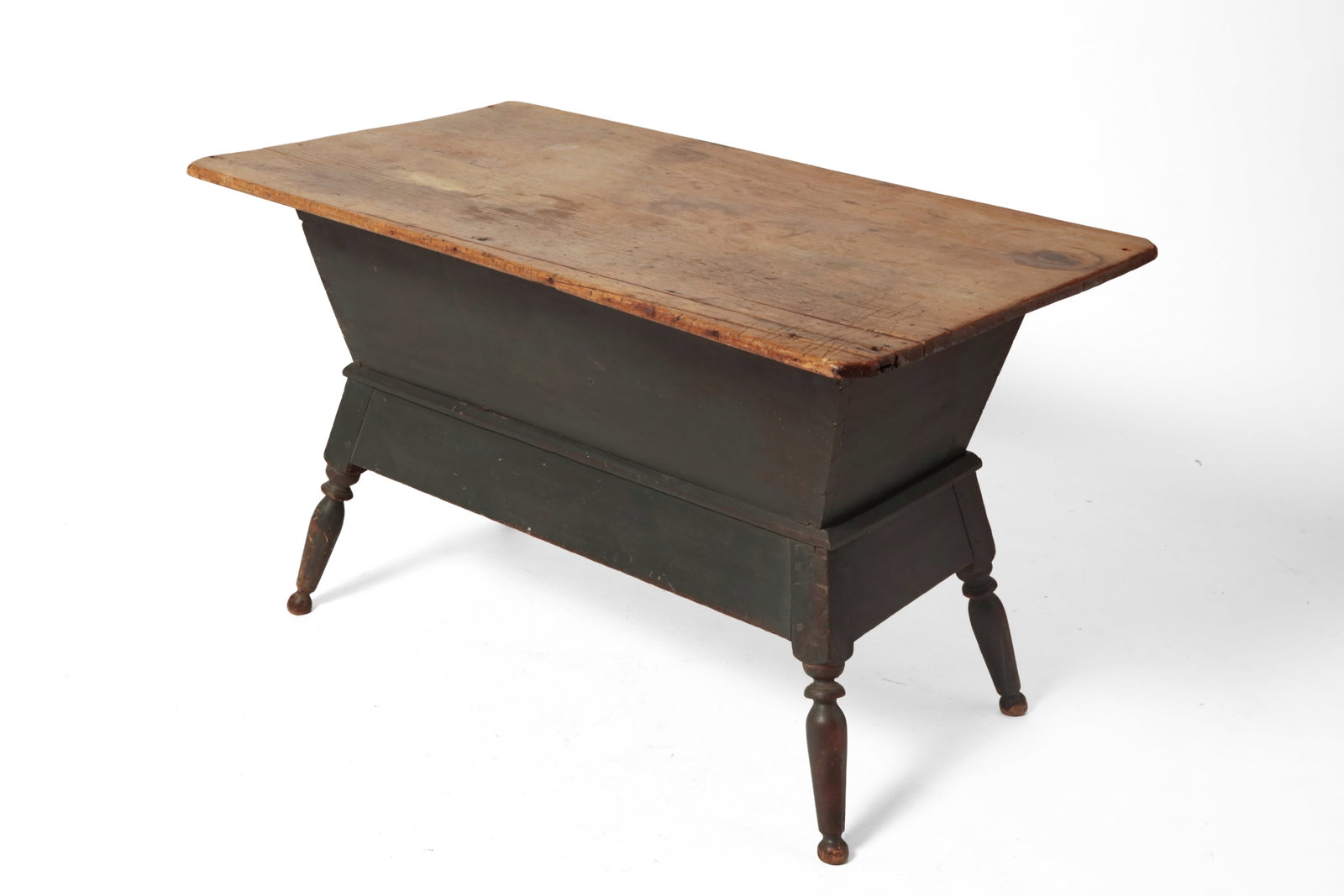 SHERATON DOUGH BOX WITH ORIGINAL BLUE-GREEN PAINT.: SHERATON DOUGH BOX WITH ORIGINAL BLUE-GREEN PAINT. American, second quarter 19th Century. Pine and poplar. Two-board scrubbed top with battens, dovetailed box with canted sides and base with splayed