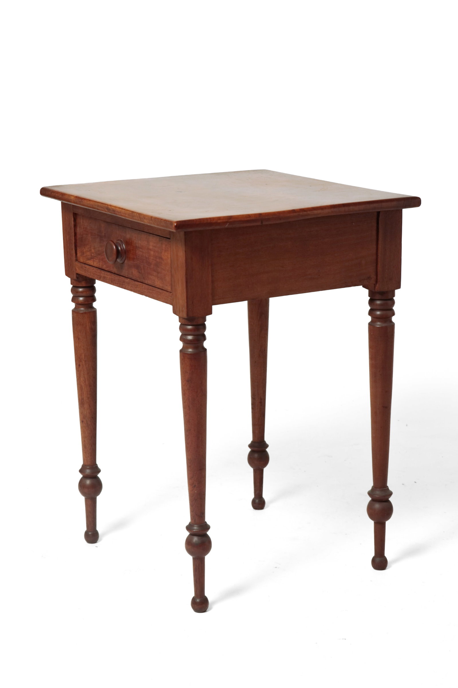 SHERATON ONE DRAWER STAND.: SHERATON ONE DRAWER STAND. American, second quarter 19th Century. Burled walnut, walnut and poplar secondary. Top with rounded edge, dovetailed drawer with beaded edge, and turned legs. 28.75"h.
