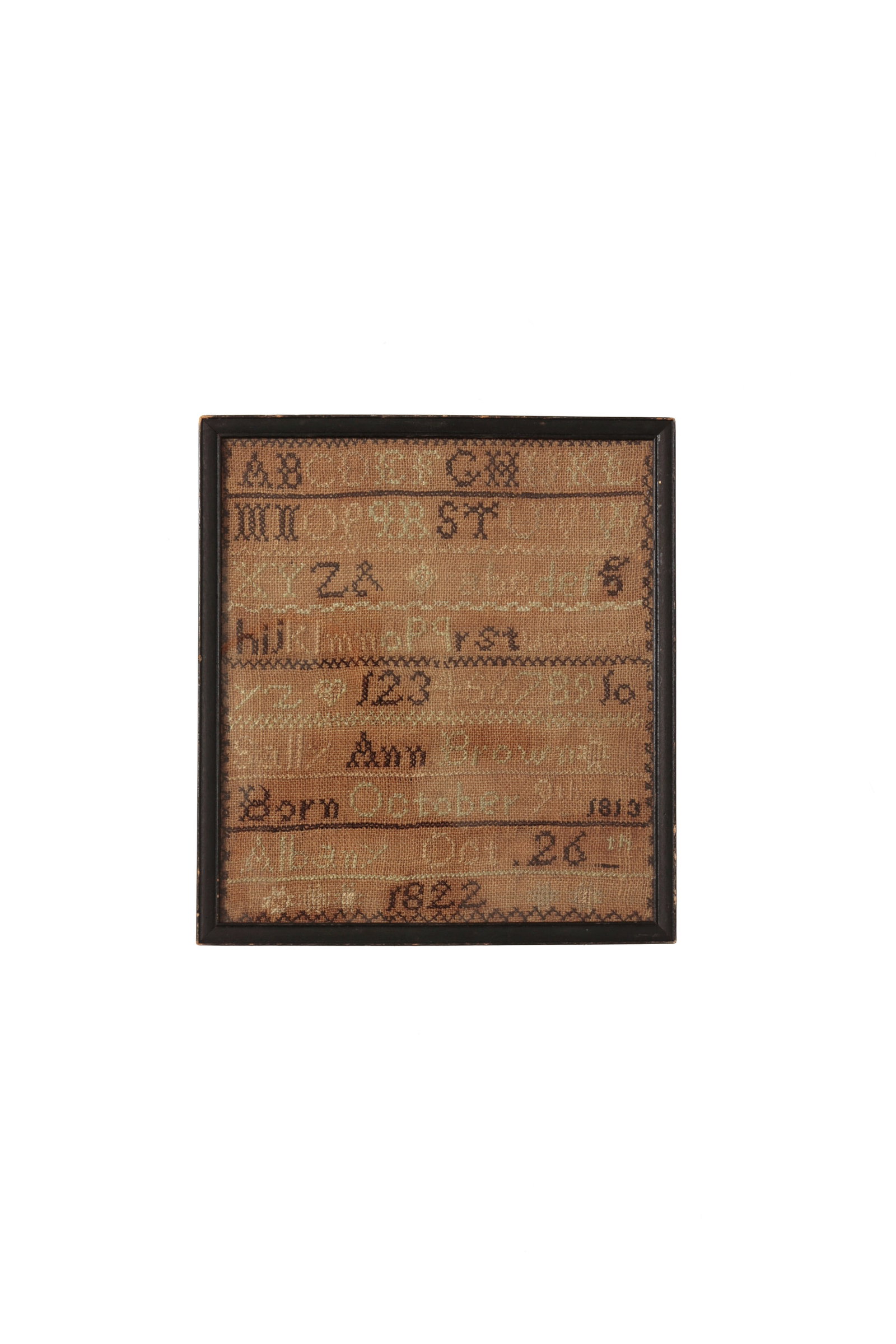 NEEDLEWORK SAMPLER BY SALLY ANN BROWN, DATED 1822. (1 of 4)