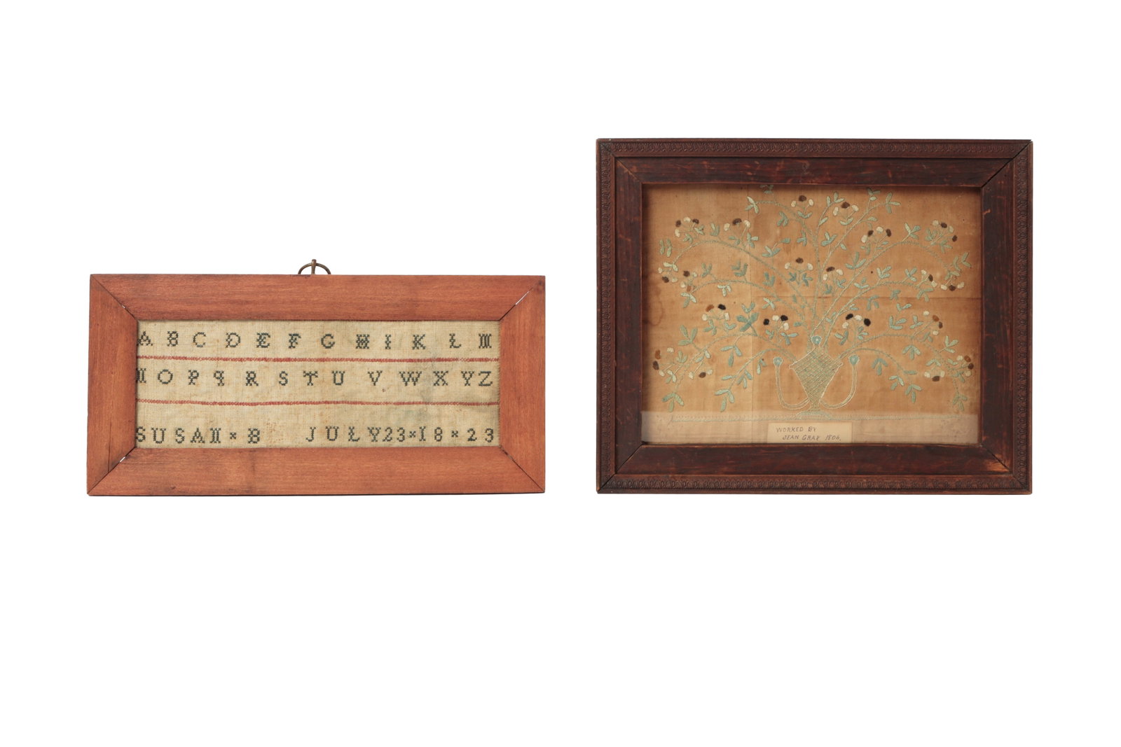TWO NEEDLEWORK ITEMS: A PANEL BY JEAN GRAY DATED 1806 AND A SAMPLER BY SUSAN B. DATED 1823.: TWO NEEDLEWORK ITEMS: A PANEL BY JEAN GRAY DATED 1806 AND A SAMPLER BY SUSAN B. DATED 1823. American, first quarter 19th Century. Petit point panel on linen in blue, white, tan, and black of an urn of