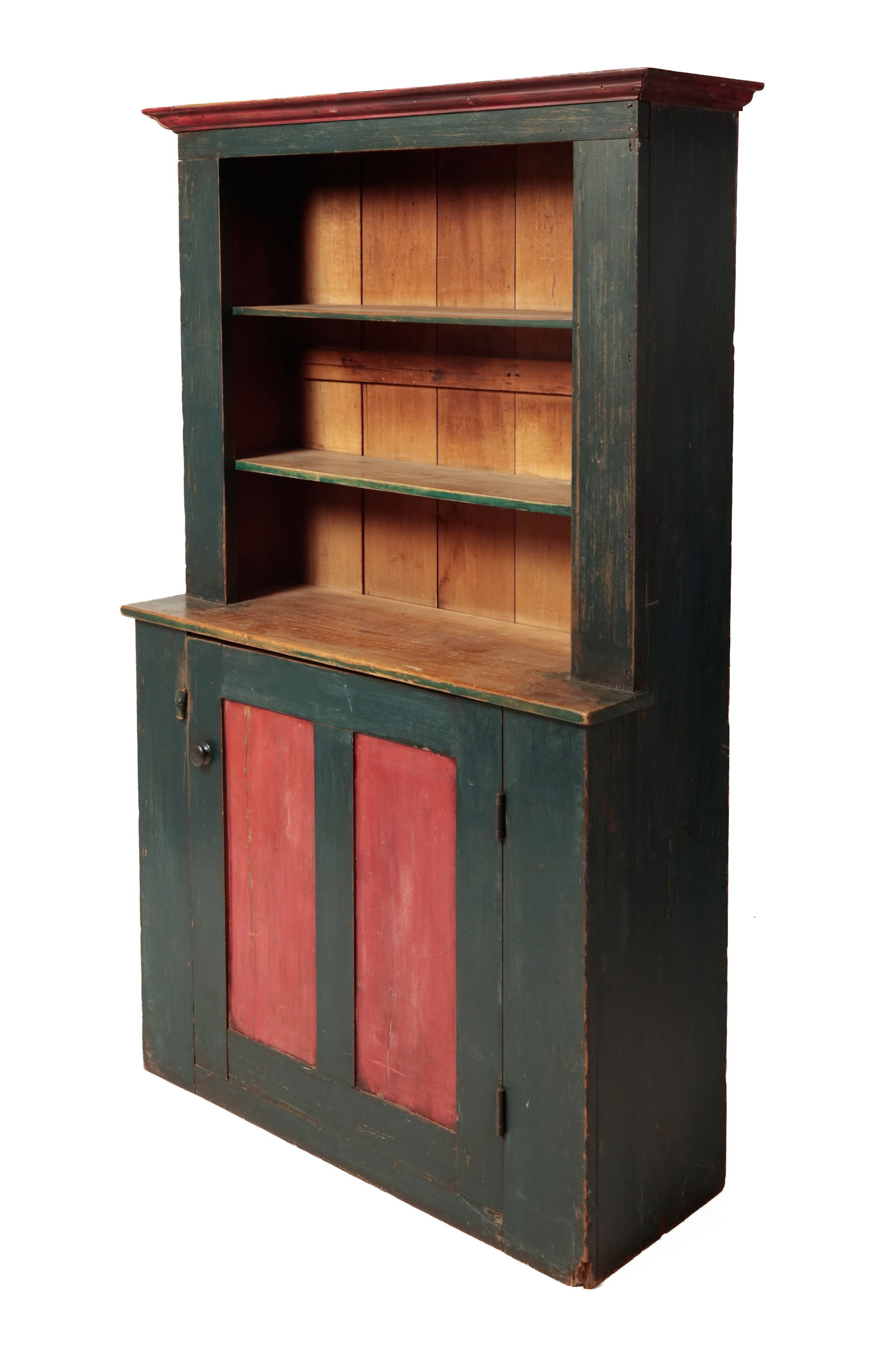 OPEN STEPBACK CUPBOARD IN GREEN PAINT WITH RED TRIM. (1 of 10)