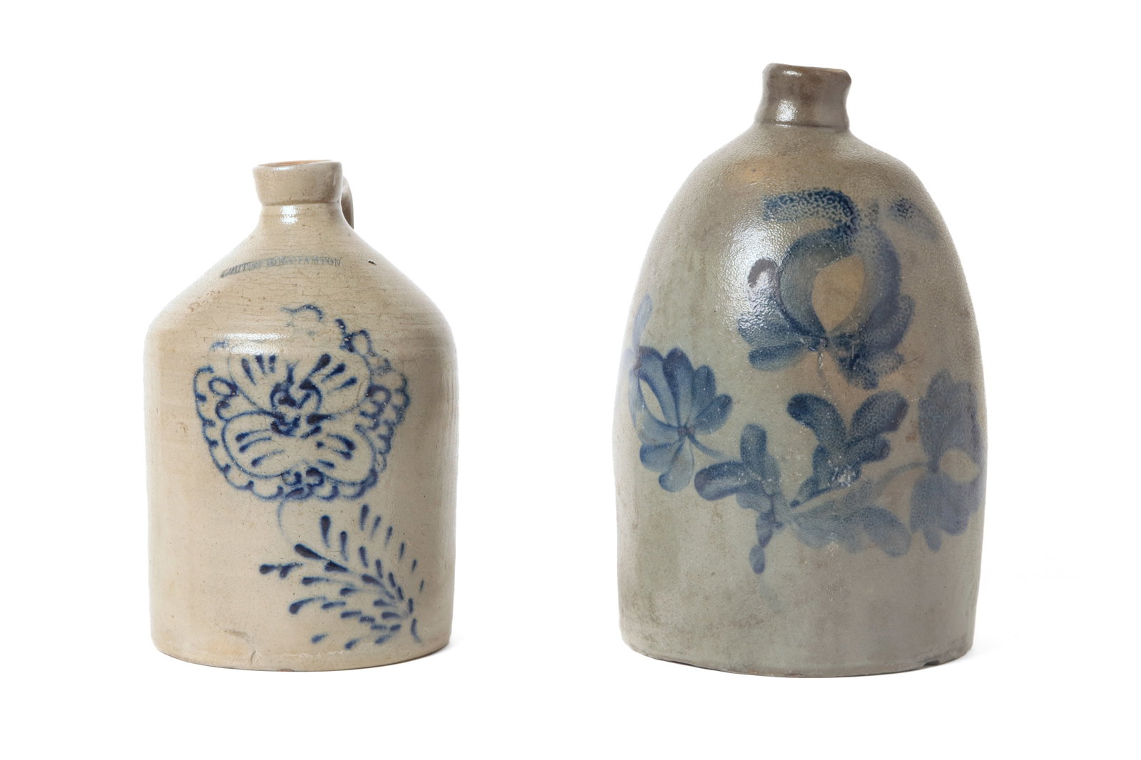TWO STONEWARE JUGS WITH COBALT FREEHAND DECORATION. (1 of 17)