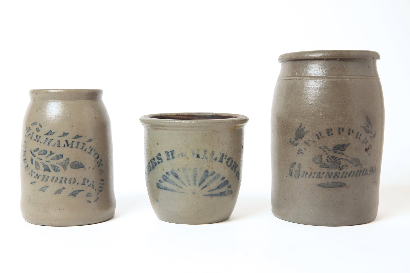 THREE GREENSBORO, PENNSYLVANIA STONEWARE JARS. (1 of 20)