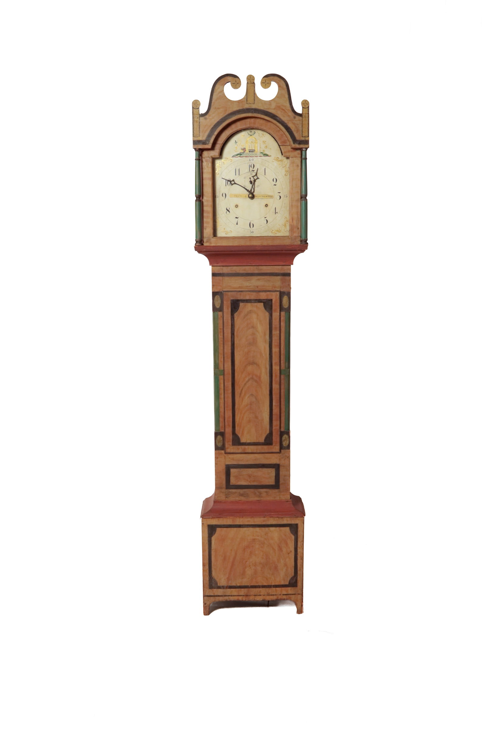R. WHITING PAINT-DECORATED TALL CASE CLOCK WITH MASONIC FACE. (1 of 9)