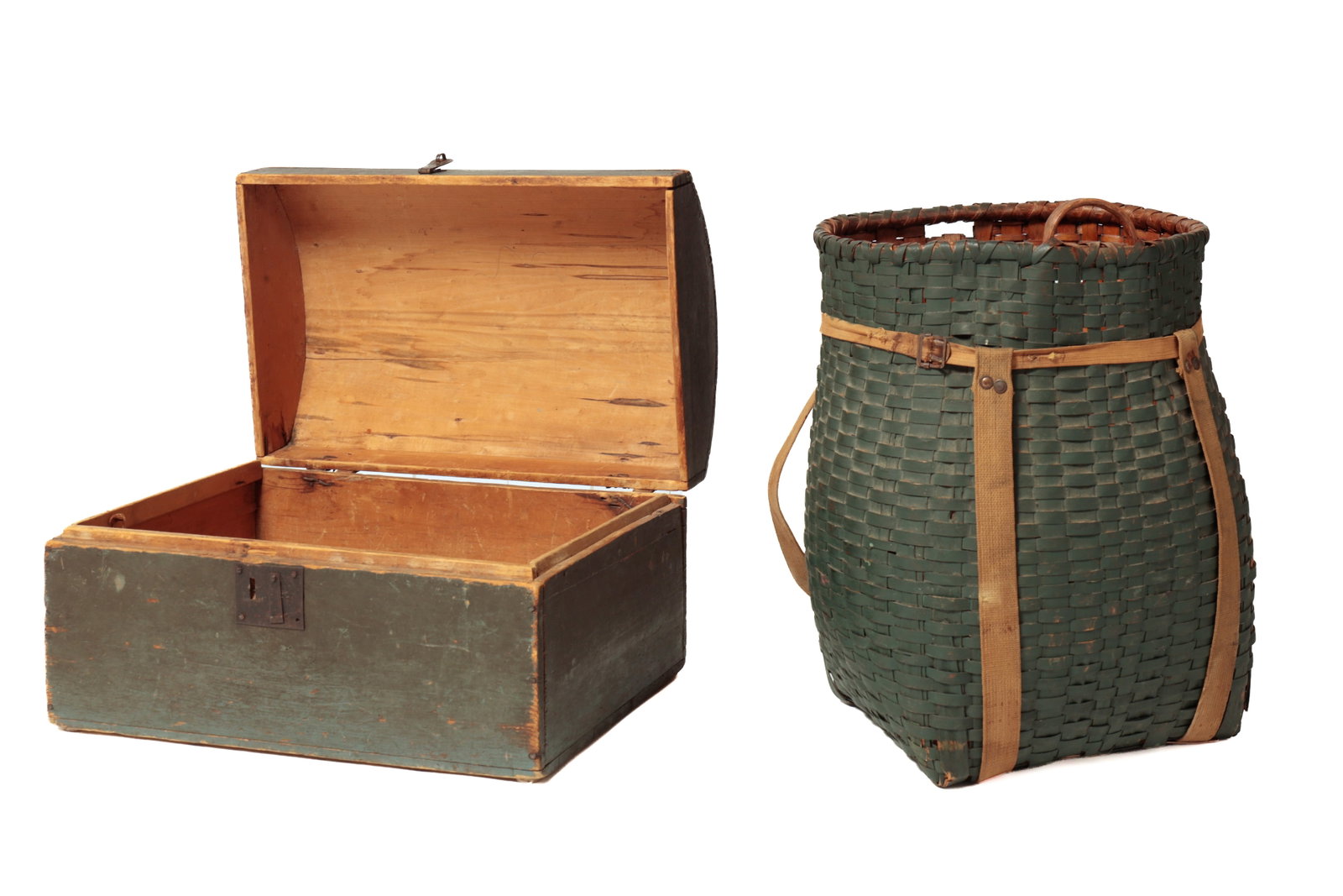 DIMINUTIVE COUNTRY DOME TOP TRUNK AND SPLINT CAMP BASKET WITH ORIGINAL PAINT. (1 of 18)