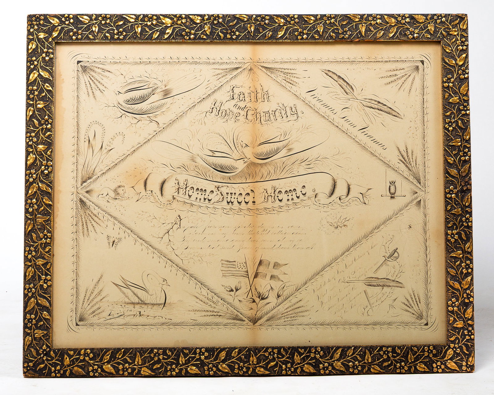 LARGE FRAMED SPENCERIAN, SIGNED LINDSTROM.: LARGE FRAMED SPENCERIAN, SIGNED LINDSTROM. American, late 19th or early 20th Century. Lettered â€œHome Sweet Homeâ€ at center, surrounded by birds, feathers, pen and