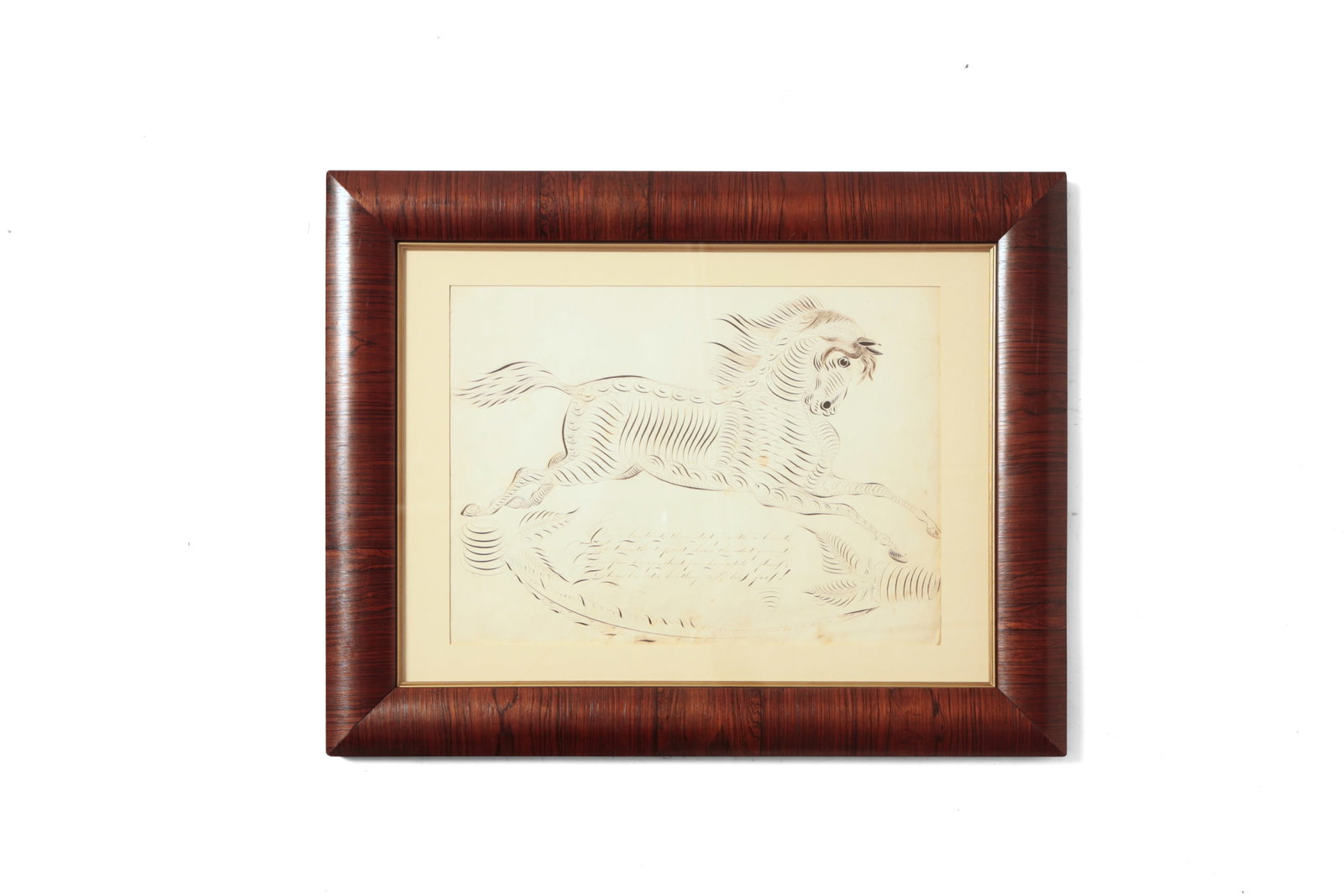 PEN AND INK SPENCERIAN DRAWING OF A LEAPING HORSE.: PEN AND INK SPENCERIAN DRAWING OF A LEAPING HORSE. American, mid- 19th Century. Horse with front and back legs outstretched, mane and tail blowing back, drawn in the Spencerian style, over a poem in