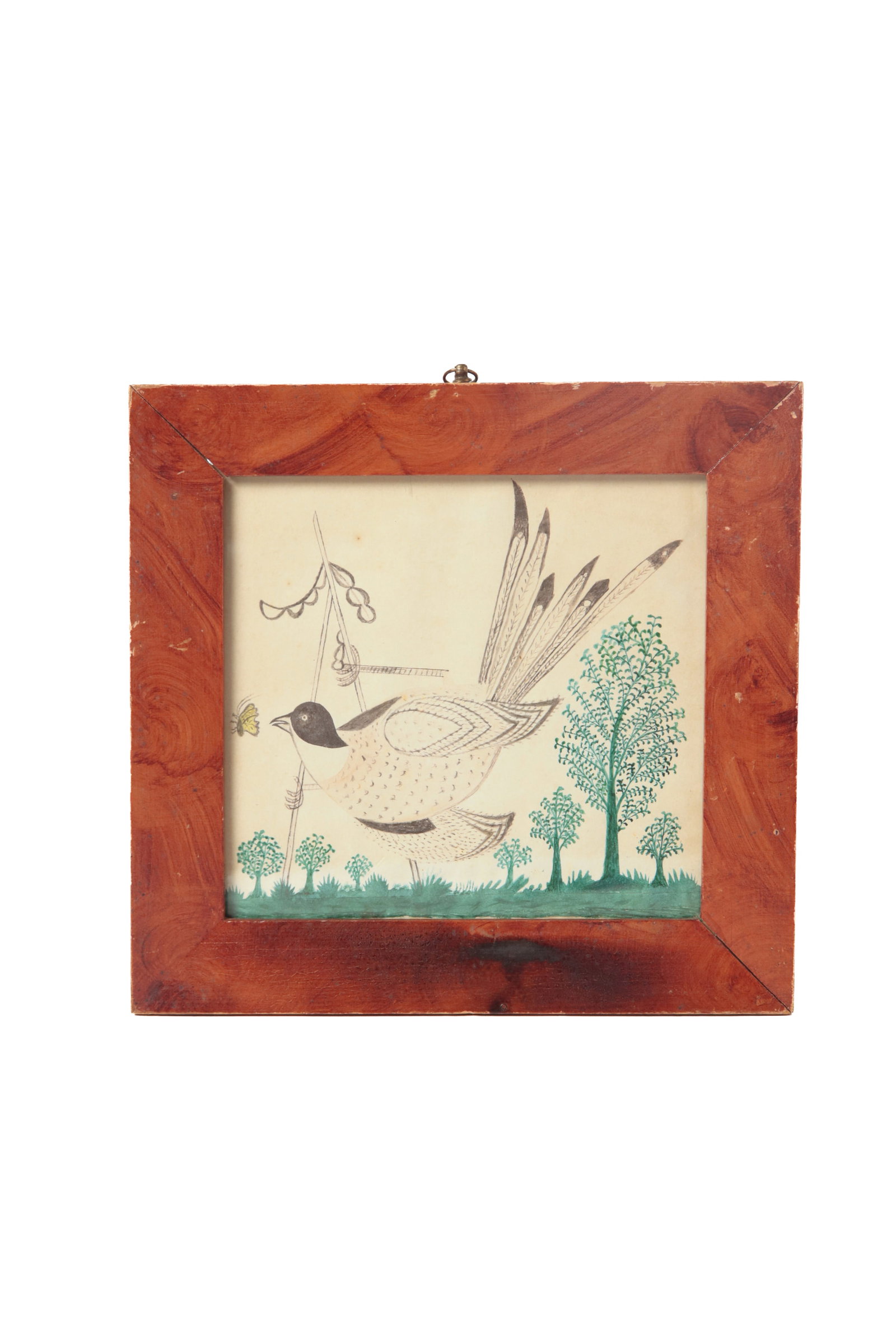 WATERCOLOR OF A BIRD CHASING A BUTTERFLY.: WATERCOLOR OF A BIRD CHASING A BUTTERFLY. American, 19th Century. Ink and watercolor on paper. A large spotted bird chasing a yellow butterfly in a tree-filled landscape. In a vinegar-grained, beveled