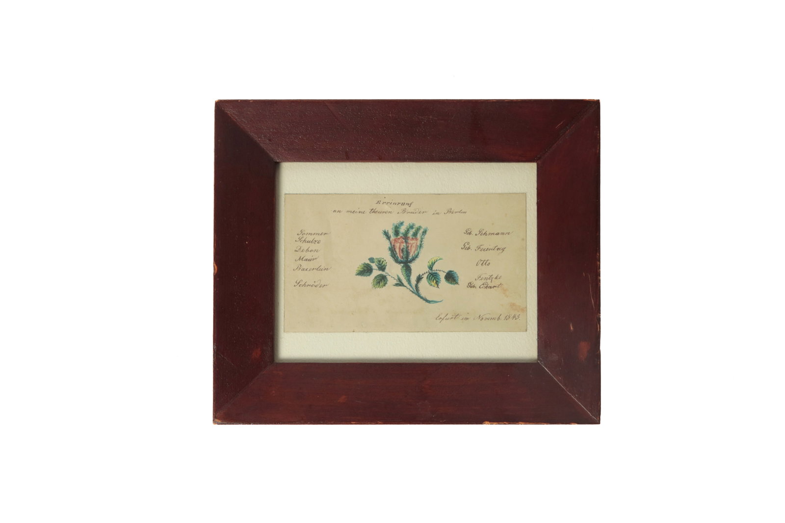 WATERCOLOR, PEN AND INK, DATED NOVEMBER 1843.: WATERCOLOR, PEN AND INK, DATED NOVEMBER 1843. German, mid- 19th Century. On heavy paper. Colorful moss rose bud at center, in pen "To The Memory Of My Dear Brother In Berlin", family member names,