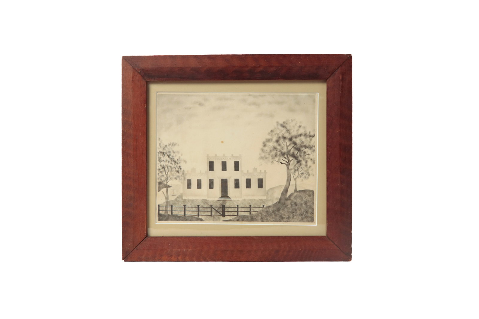 GRISAILLE LANDSCAPE IN A PAINT-DECORATED FRAME.: GRISAILLE LANDSCAPE IN A PAINT-DECORATED FRAME. American, 19th Century. Grisaille landscape showing a Federal-style house with a fenced yard near the water. Matted, behind old glass, in a