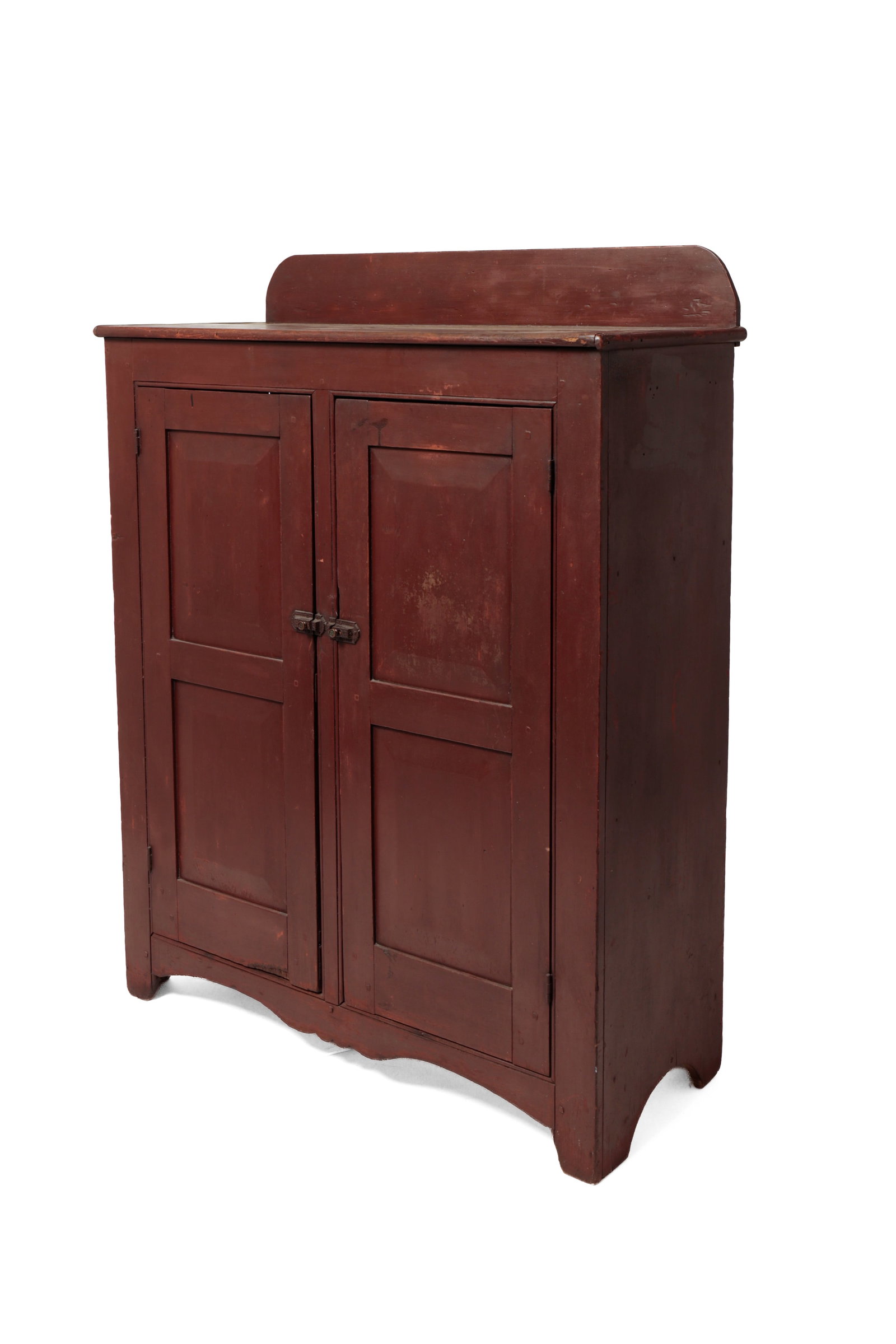 JELLY CUPBOARD WITH ORIGINAL DARK REDDISH BROWN PAINT.: JELLY CUPBOARD WITH ORIGINAL DARK REDDISH BROWN PAINT. American, mid- 19th Century. Poplar. Backsplash with rounded corners, top with applied half-round edge moldings, solid ends with half-round
