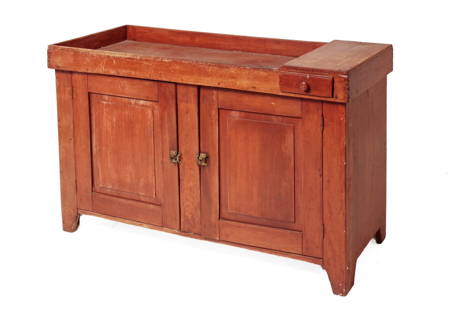 COUNTRY DRY SINK WITH ORIGINAL RED WASH.: COUNTRY DRY SINK WITH ORIGINAL RED WASH. American, mid- 19th Century. Poplar. Dovetailed well, overlapping drawer at right of well, solid ends, two lower raised-panel doors with center stile and