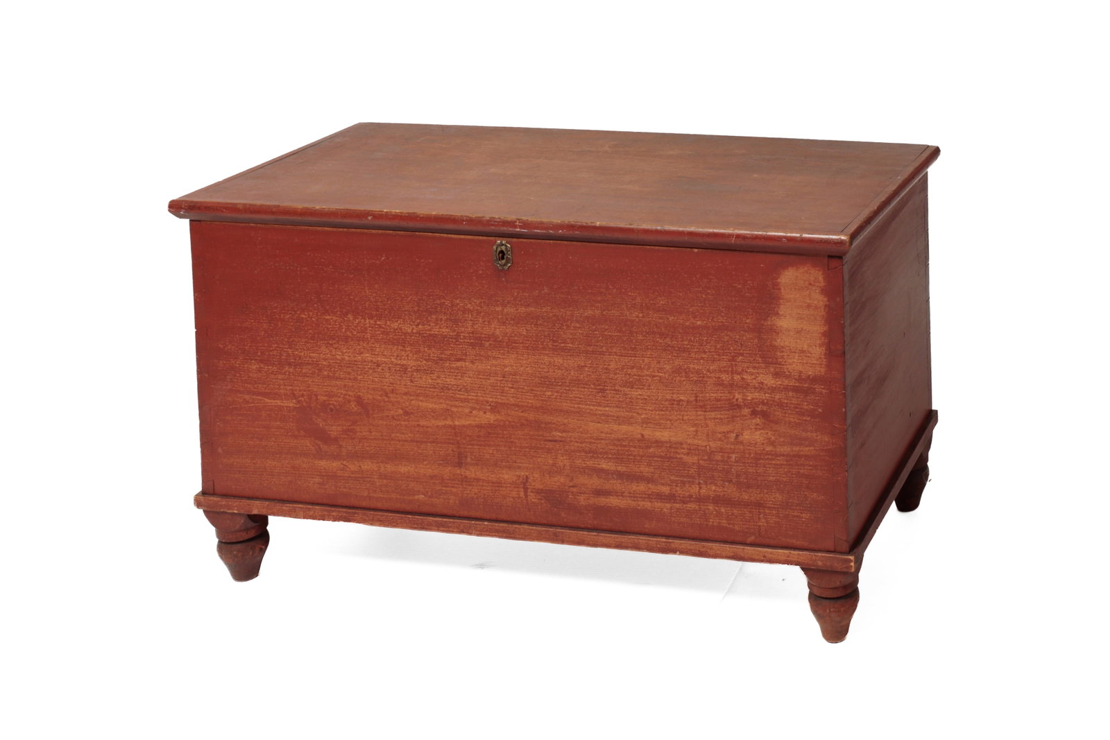 COUNTRY EMPIRE BLANKET CHEST WITH ORIGINAL RED WASH.: COUNTRY EMPIRE BLANKET CHEST WITH ORIGINAL RED WASH. American, second quarter 19th Century. Poplar. Lid with applied edge moldings, dovetailed case, applied base moldings, squat turned legs, and inter