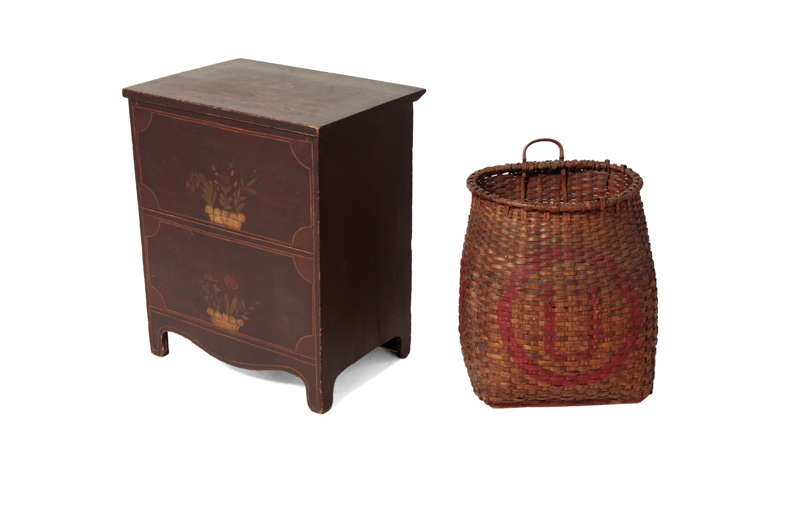 PAINT-DECORATED COMMODE WITH A SPLINT BASKET BACKPACK. (1 of 16)
