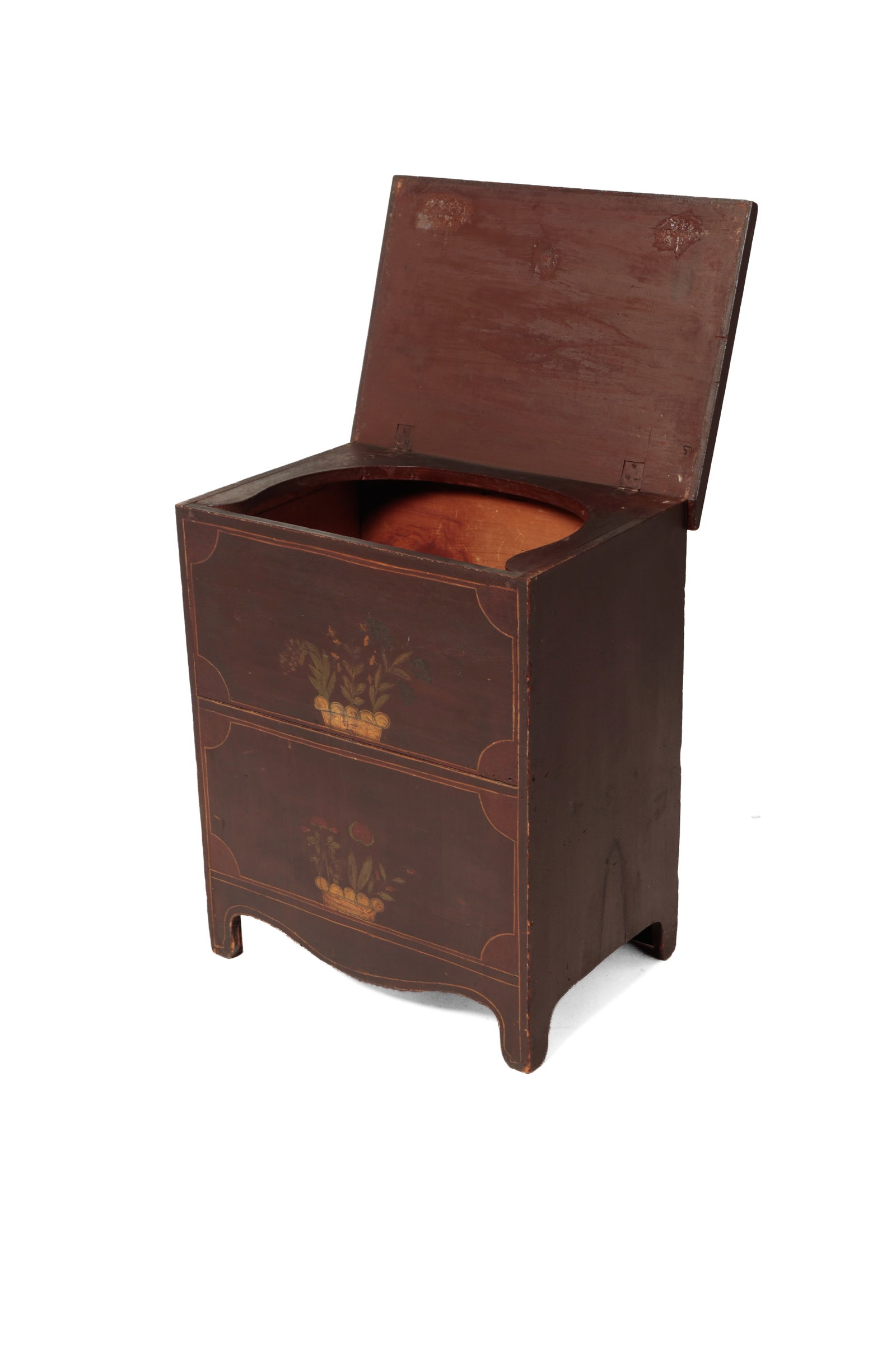 PAINT-DECORATED COMMODE WITH A SPLINT BASKET BACKPACK. - 2