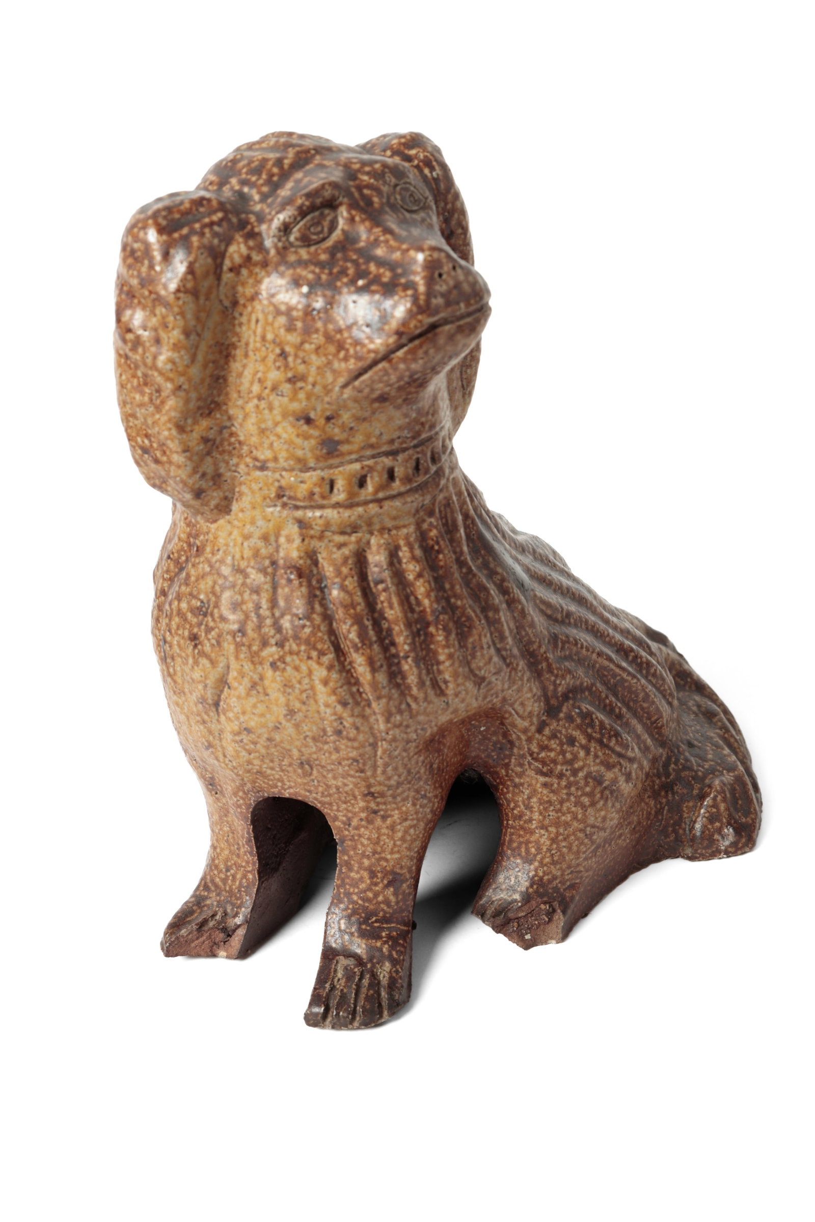 OHIO FOLKSY SEWER TILE DOG.: OHIO FOLKSY SEWER TILE DOG. American, late 19th or early 20th Century. Rare spread-leg position, hollow body, incised nose, eyes, and mouth, collar at neck, textured coat, and in dark glaze. 13"h. 12"