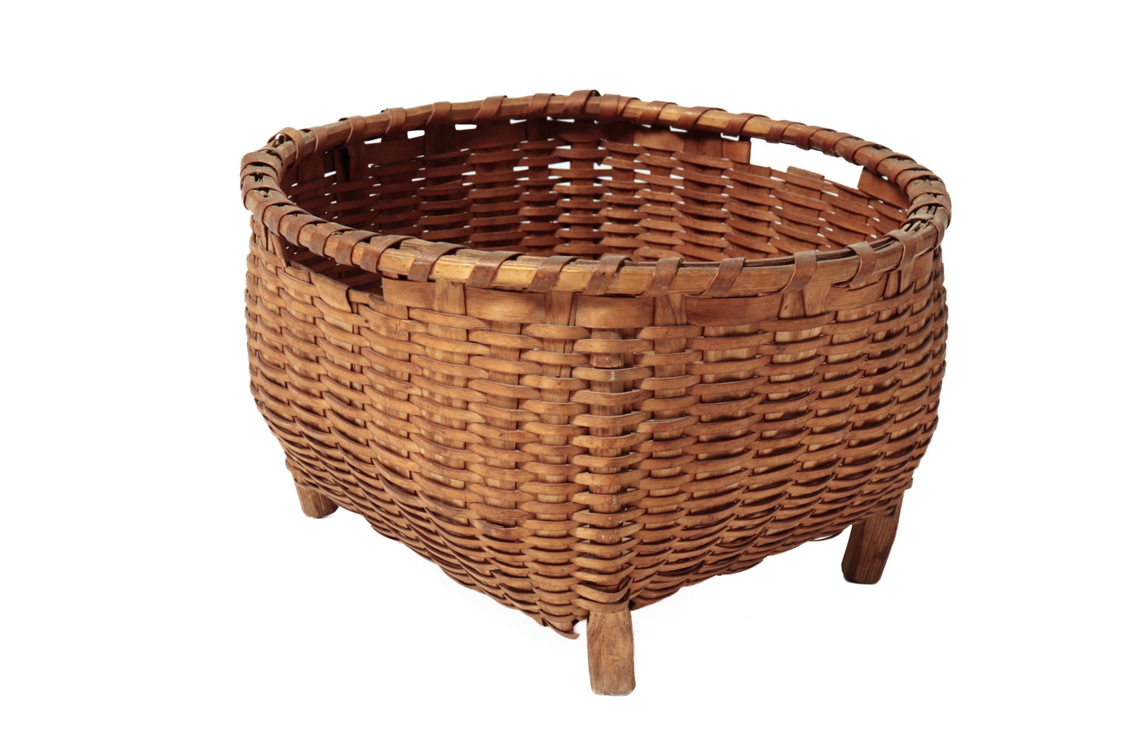 FOOTED AND HANDLED WOVEN SPLINT BASKET. (1 of 10)