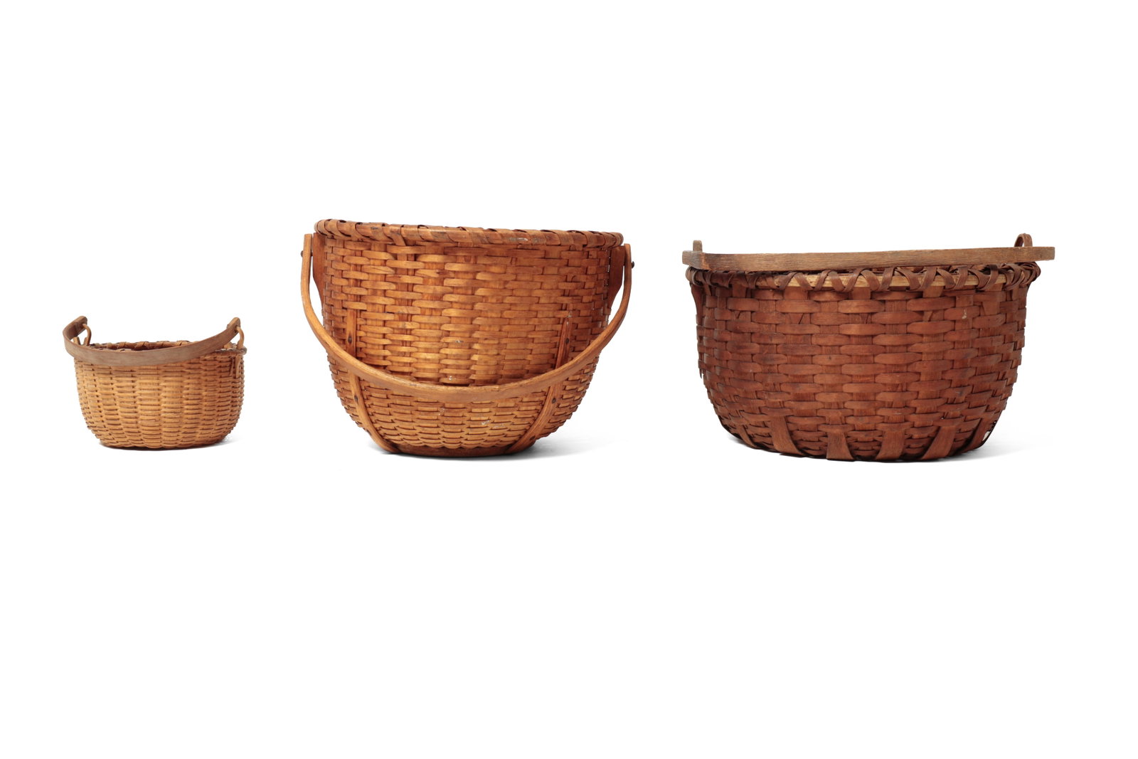 THREE WOVEN SPLIT BASKETS WITH SWING HANDLES. (1 of 16)