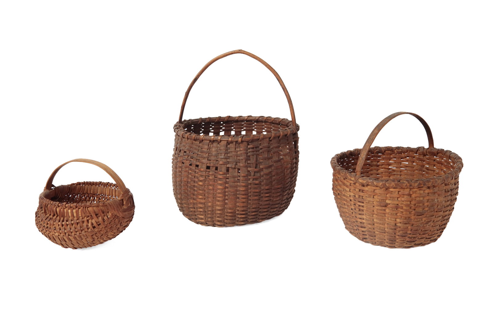 THREE DIMINUTIVE HANDLED BASKETS. (1 of 13)