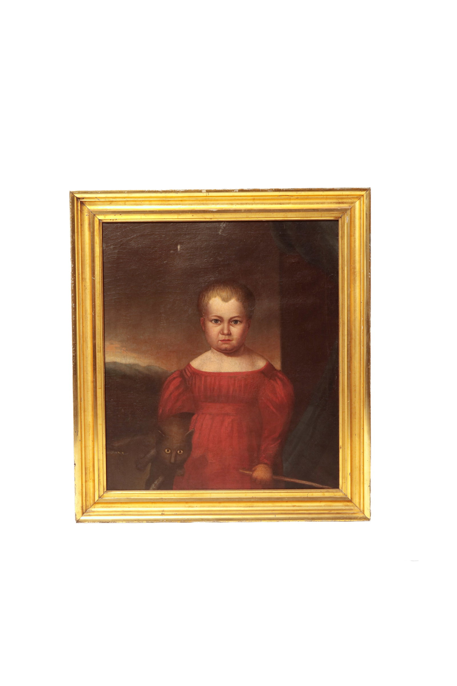 AMERICAN SCHOOL FOLK ART PORTRAIT OF A YOUNG CHILD AND THEIR CAT. (1 of 3)