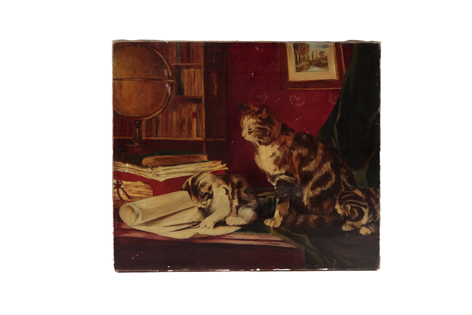 UNSIGNED OIL ON CANVAS PAINTING OF THREE CATS AFTER JULES GUSTAVE LE ROY (FRENCH). (1 of 3)