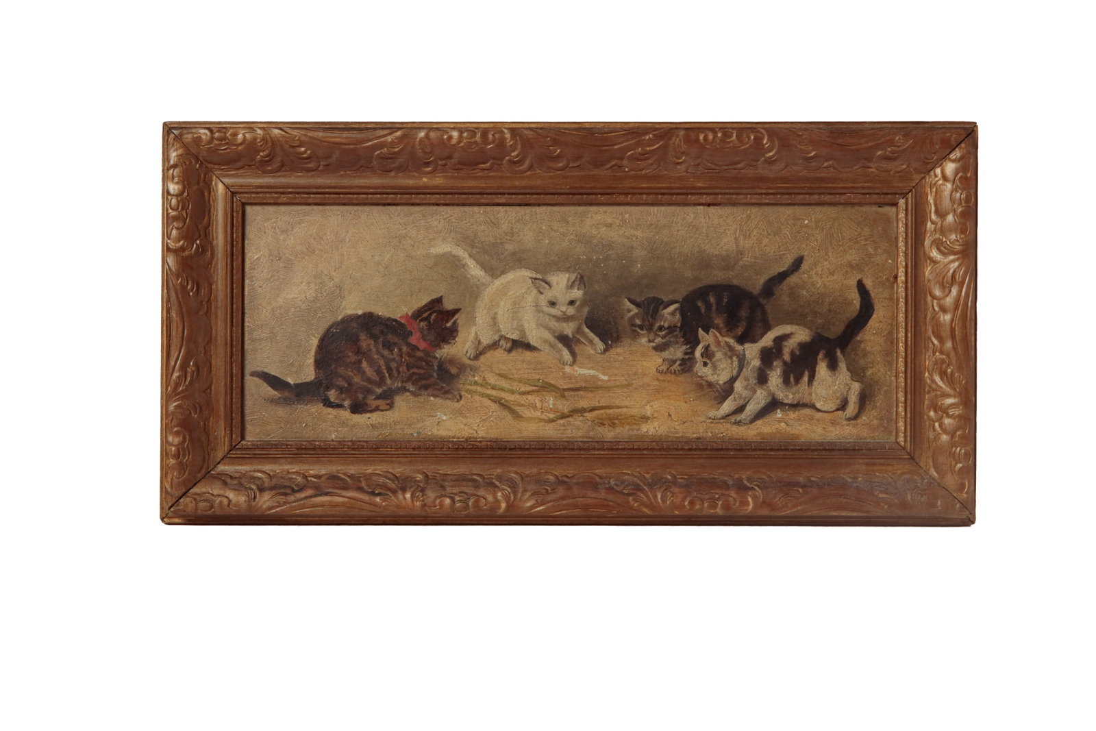 AMERICAN SCHOOL OIL ON BOARD PAINTING OF FOUR KITTENS.: AMERICAN SCHOOL OIL ON BOARD PAINTING OF FOUR KITTENS. Late 19th Century. Four kittens playing with leaves or ribbons. 16"w. 6"h. Framed, 19.5"l. 9.75"h.