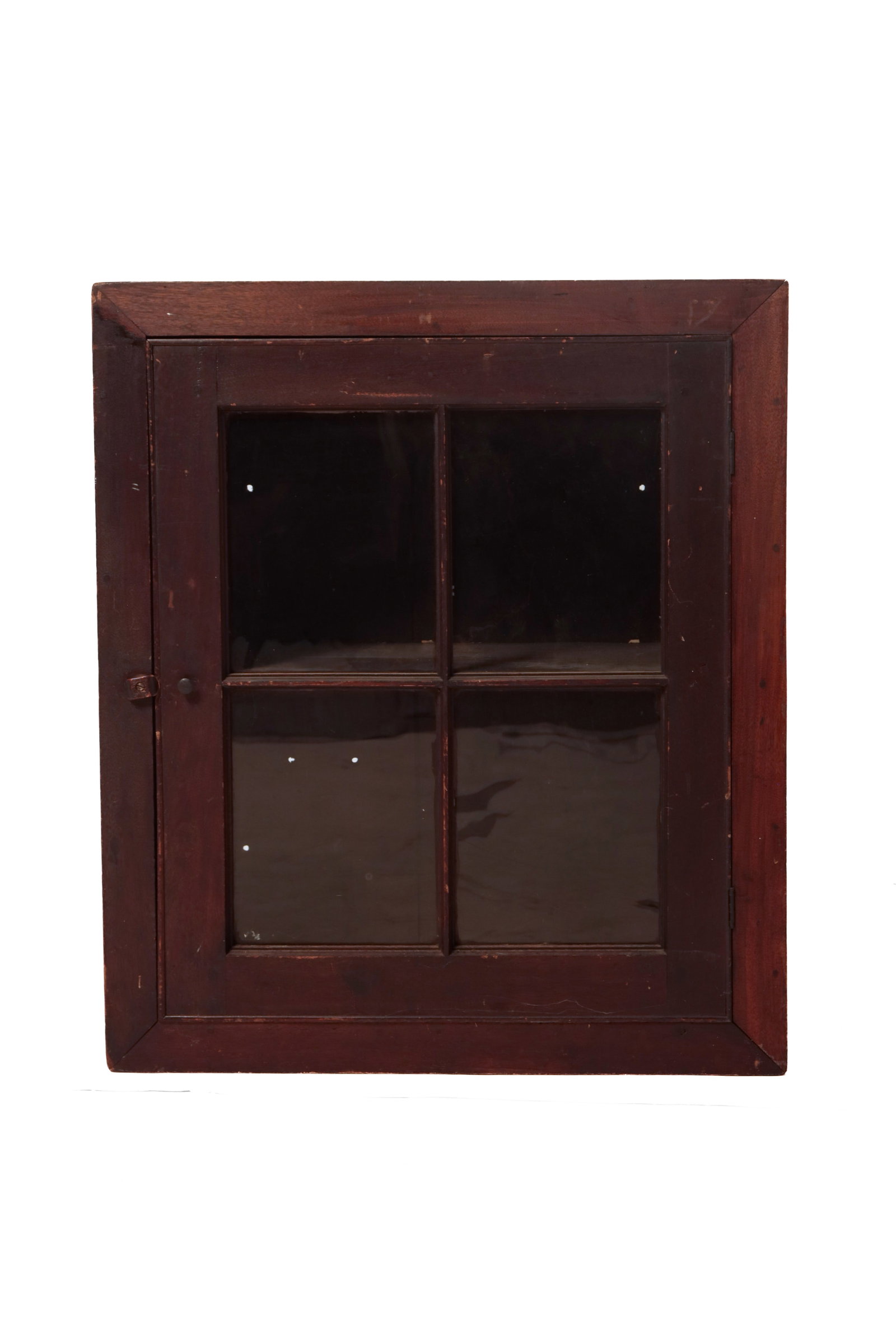 COUNTRY HANGING WALNUT CABINET.: COUNTRY HANGING WALNUT CABINET. American (Pennsylvania), second quarter 19th Century. Poplar secondary. Case with simple, square nail construction, four-pane glass door with applied beaded edge, old