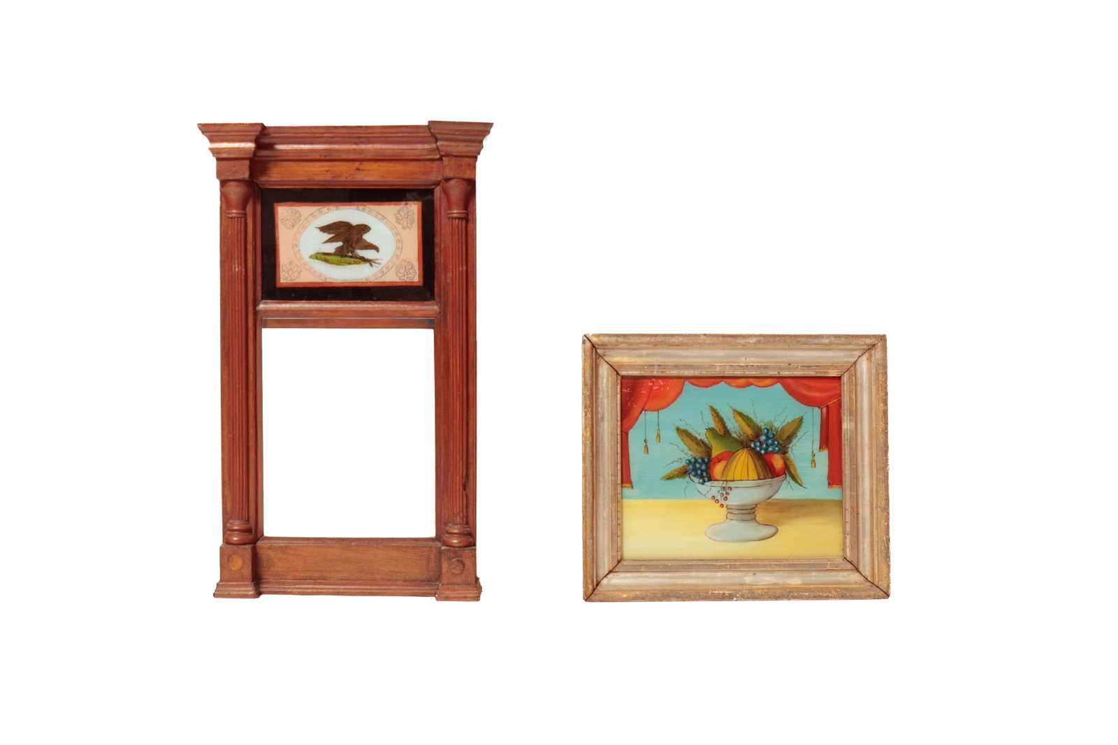 TWO FRAMED ITEMS WITH REVERSE PAINTED PANELS.: TWO FRAMED ITEMS WITH REVERSE PAINTED PANELS. American, second quarter 19th Century. A pine mirror with stepped cornice, reeded half pilasters, and panel with American eagle in an oval reserve.