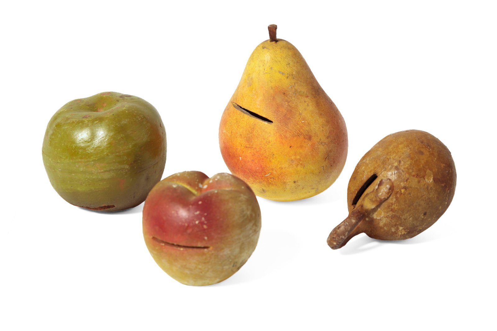 FOUR POTTERY FRUIT-SHAPED BANKS.: FOUR POTTERY FRUIT-SHAPED BANKS. American, late 19th Century. Pear, green apple, gourd, and red apple advertising "C.K. Whitner & Co. Reading, Penna.". From 6"h. to 3"h.