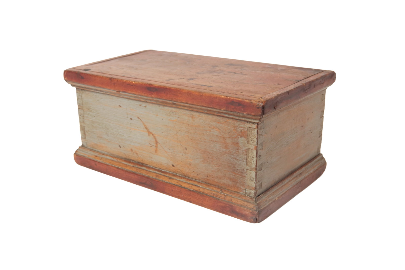 SPICE BOX OR TEA CADDY IN ORIGINAL PAINT.: SPICE BOX OR TEA CADDY IN ORIGINAL PAINT. American, 19th Century. Poplar. Of rectangular form with red-washed top and bottom having applied molding, gray-painted dovetailed case, fitted interior with