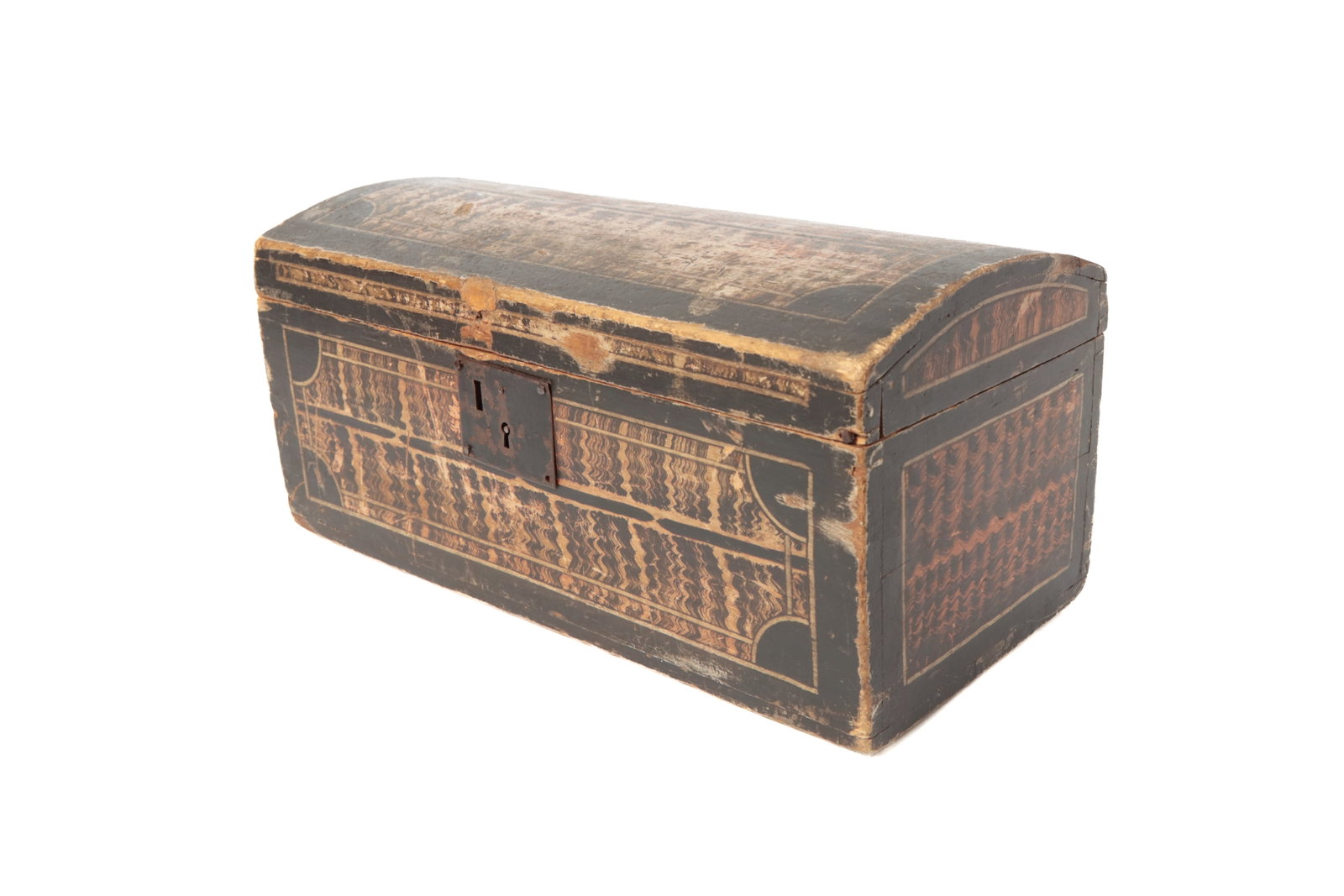 VERMONT PAINT-DECORATED DOME TOP BOX.: VERMONT PAINT-DECORATED DOME TOP BOX. American, 19th Century. Poplar. Having combed faux black and orange panels with pinstriping and black borders, snipe hinges, leather supports, and iron hasp.