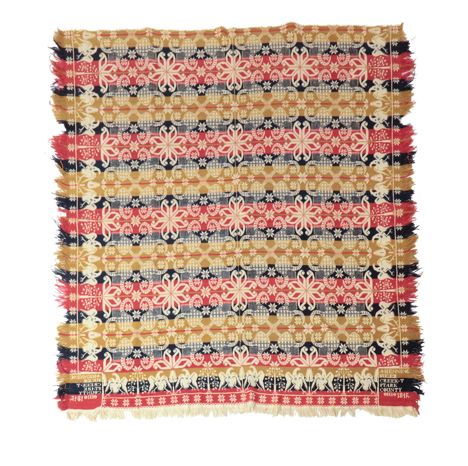 SUGARCREEK, STARK COUNTY, OHIO, JACQUARD COVERLET BY A. HENNING, DATED 1845. (1 of 4)