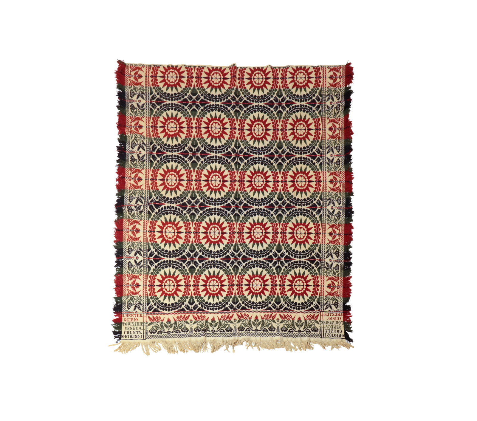 OHIO JACQUARD COVERLET WITH CORNER BLOCK "J. HEETER, SCIPIO TOWNSHIP, SENECA COUNTY, OHIO 1851". (1 of 4)