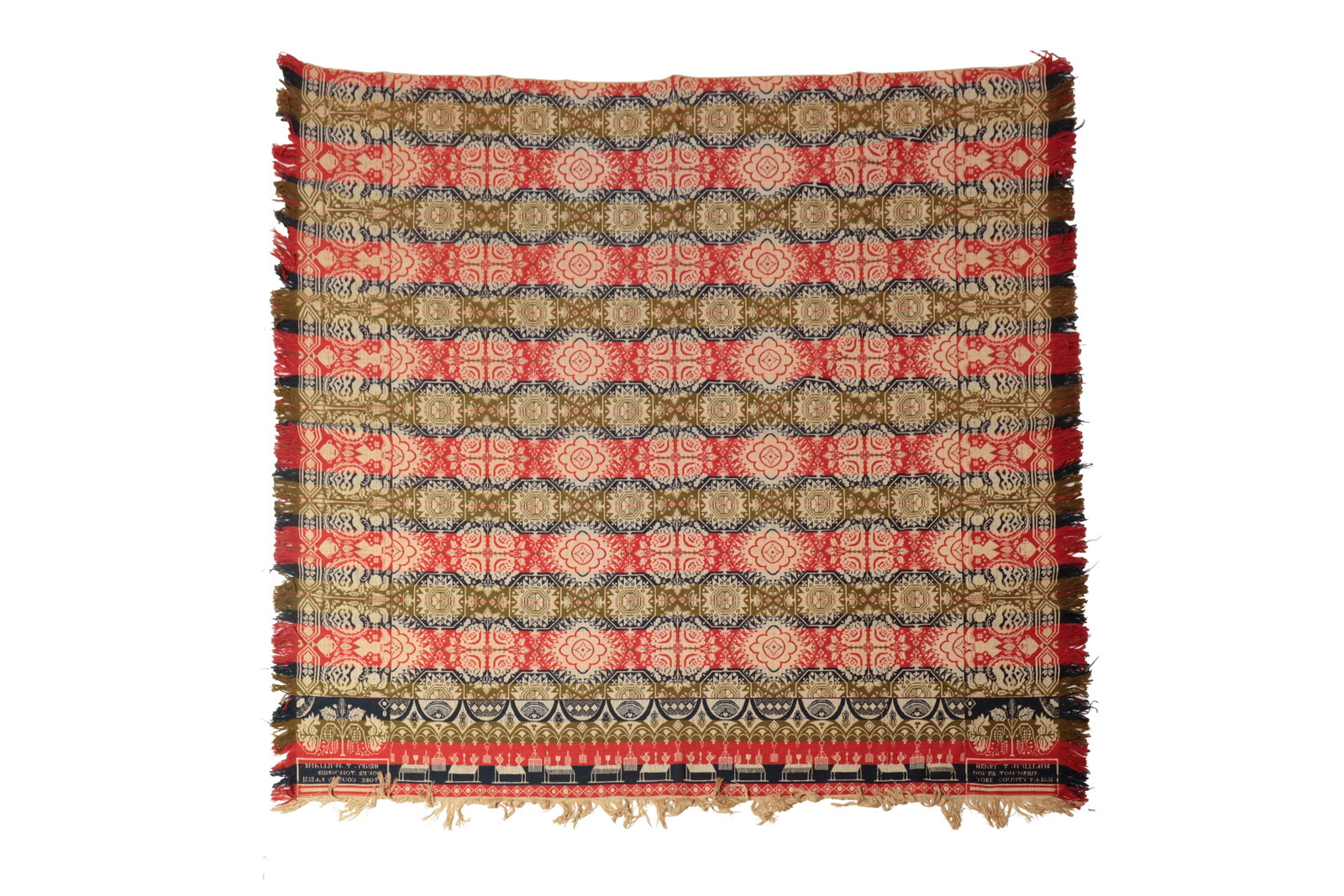 HENRY T. WILLIAMS, YORK COUNTY, PENNSYLVANIA, JACQUARD COVERLET, DATED 1851. (1 of 3)