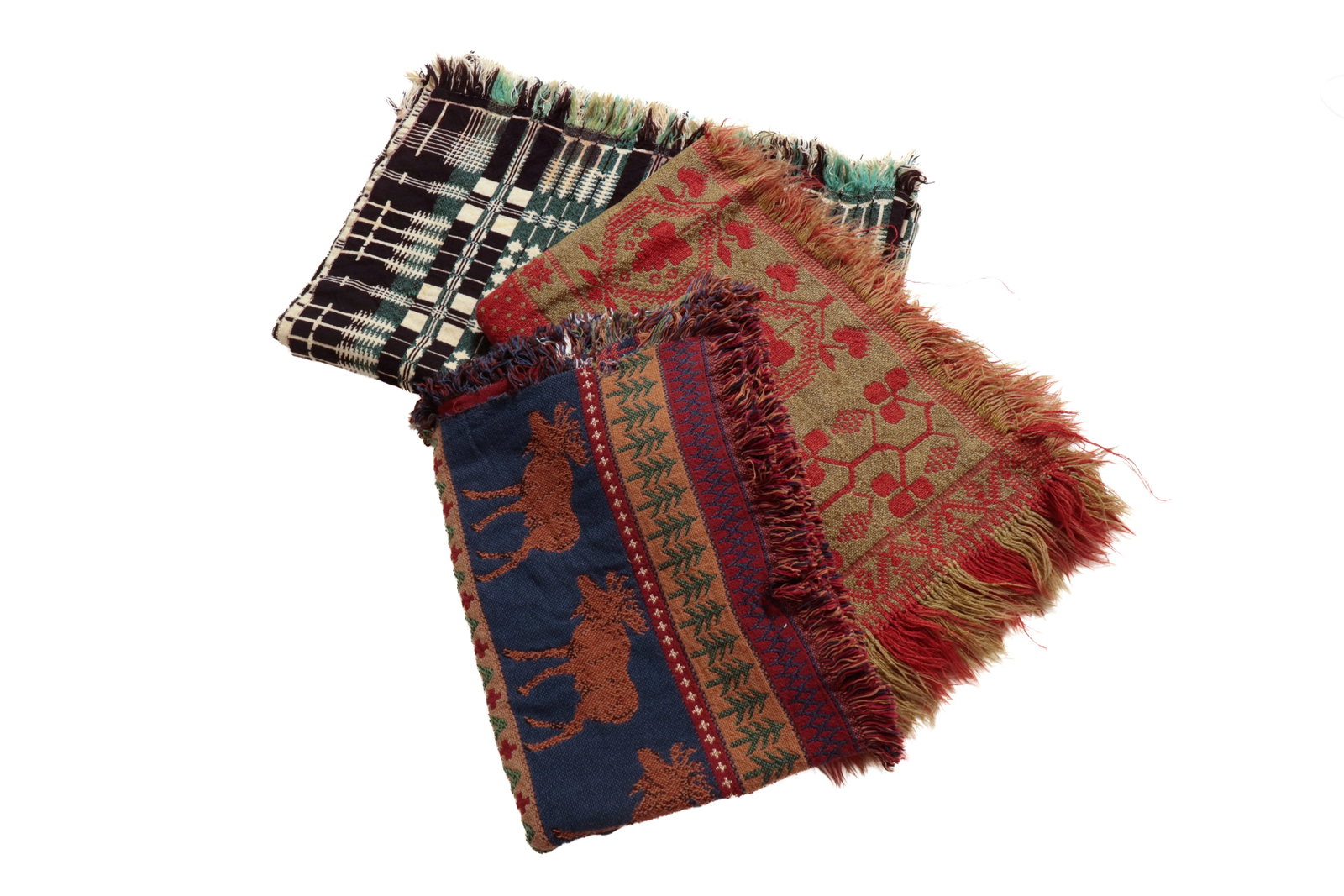JACQUARD COVERLET IN UNUSUAL COLOR AND TWO WOVEN BLANKETS. (1 of 5)