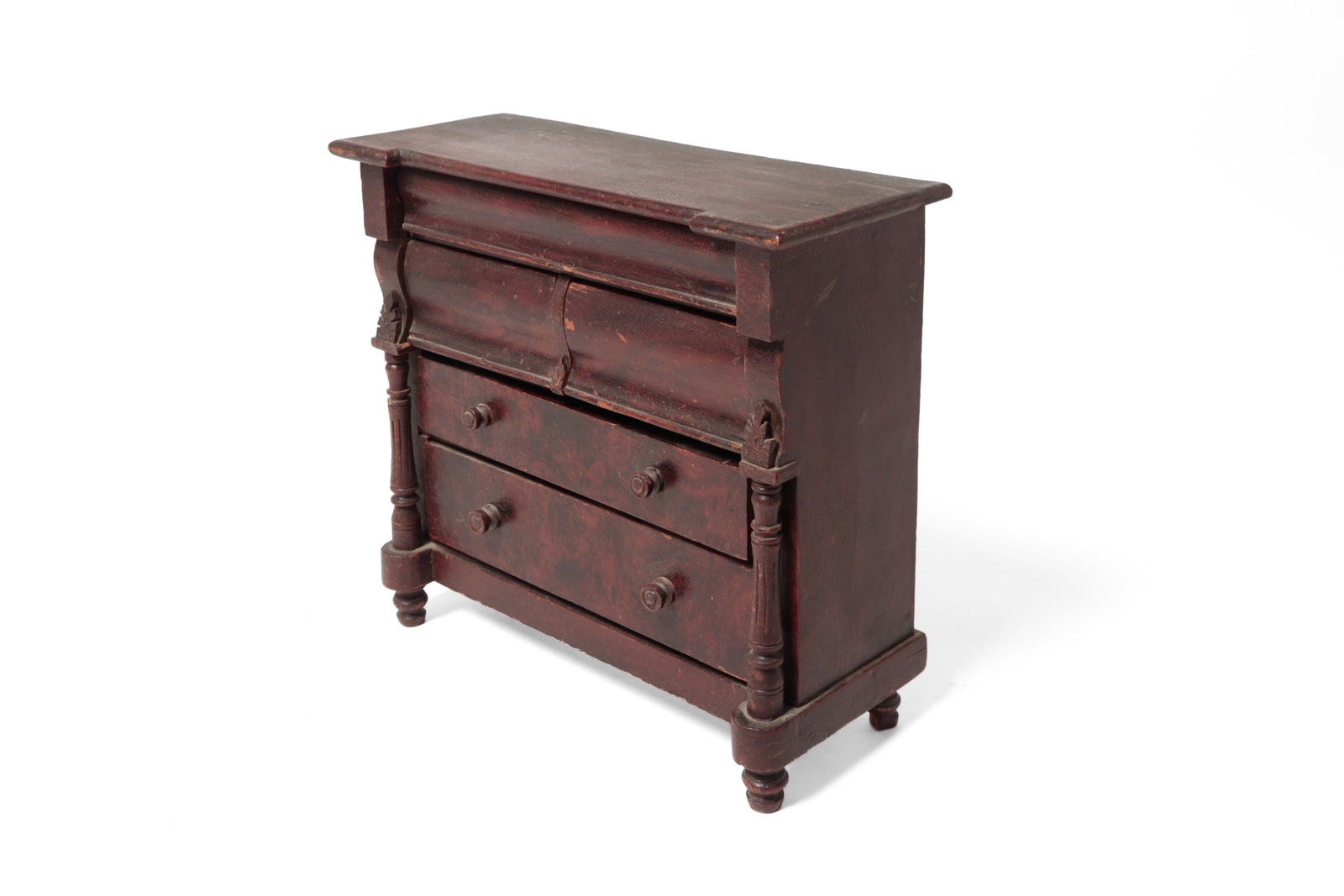 MINIATURE EMPIRE FIVE-DRAWER CHEST WITH TURNED PILASTERS.: MINIATURE EMPIRE FIVE-DRAWER CHEST WITH TURNED PILASTERS. American, 19th Century. One-board top, solid ends, two glove drawers, top drawer in case with shaped front over two shaped front drawers over