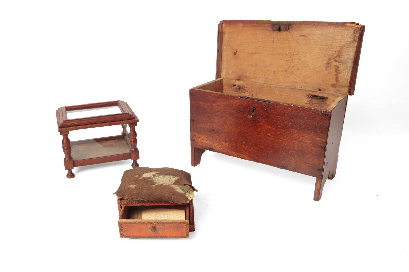 MINIATURE TABLETOP VITRINE, MINIATURE BLANKET CHEST, AND SEWING BOX. (1 of 16)