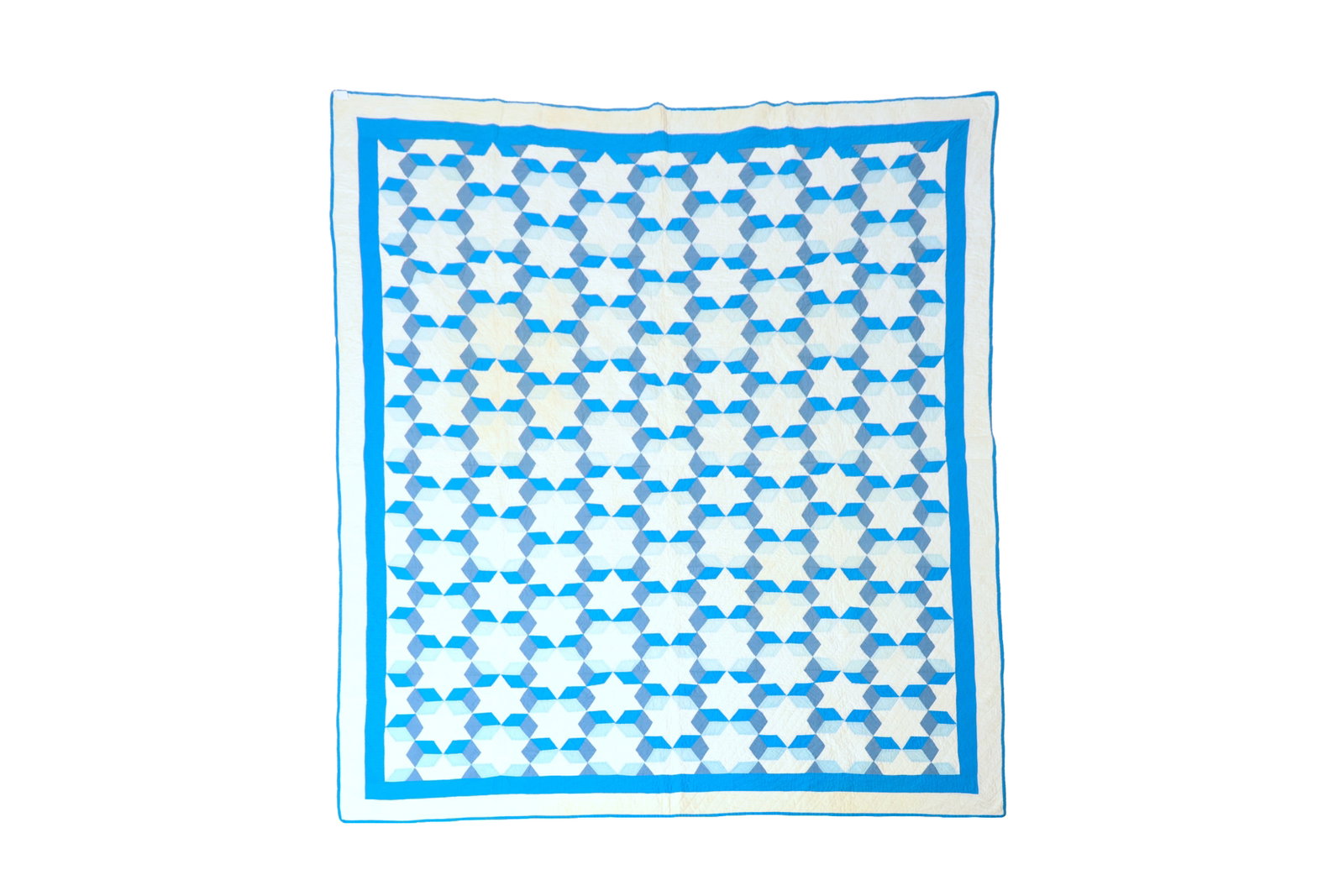 HAND-STITCHED PIECED COTTON "TUMBLING BLOCKS VARIANT" QUILT. (1 of 5)