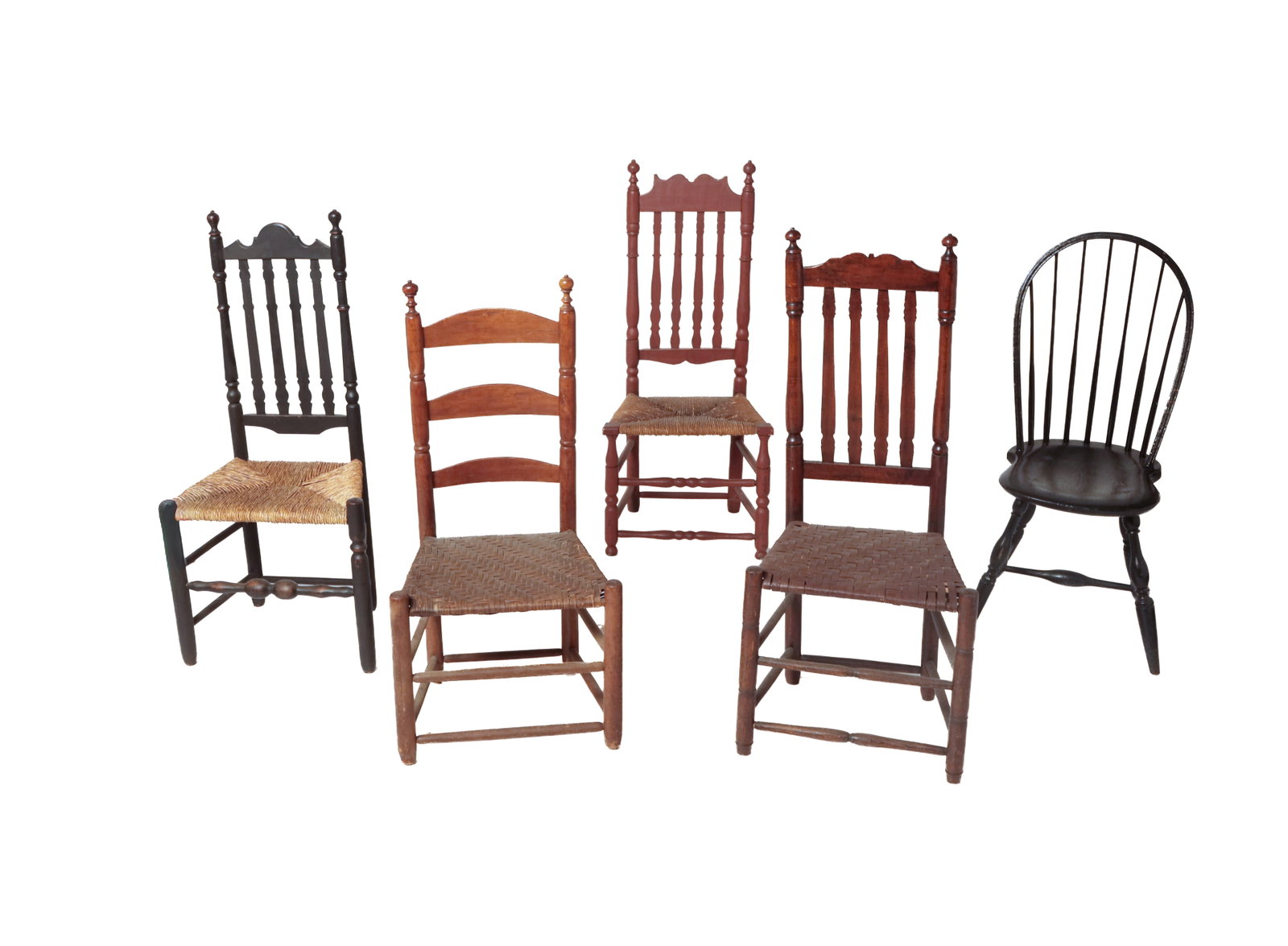 FIVE SIDE CHAIRS.: FIVE SIDE CHAIRS. American, 18th and 19th Century. Two bannister back side chairs with shaped crests, nice turnings, and rush seats, one in black repaint, the other in old red repaint. Another in