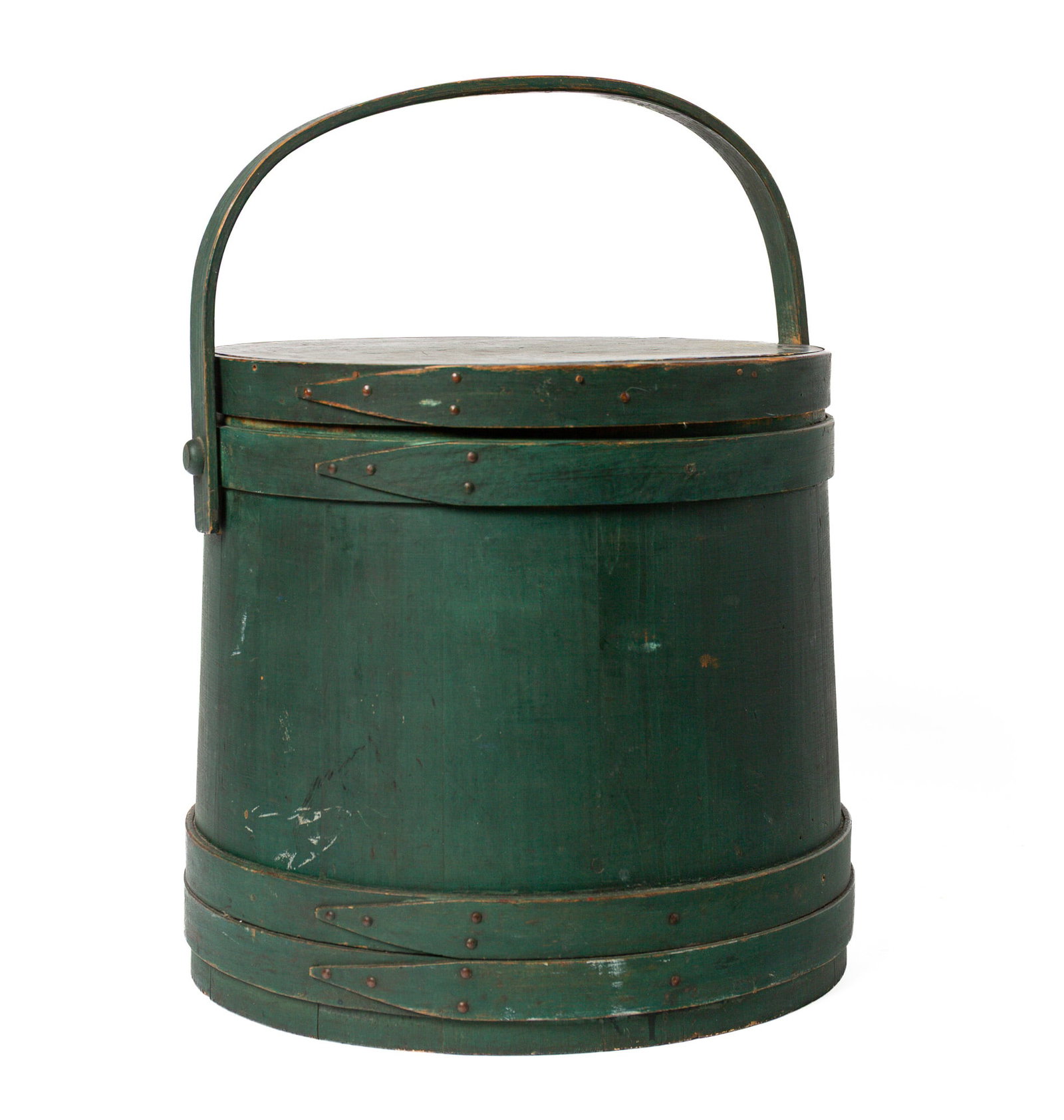 LARGE GREEN-PAINTED FIRKIN.: LARGE GREEN-PAINTED FIRKIN. American, 19th Century. Pine. Stave-constructed with oak bands, brass tacks, bentwood swing handle, and with lid. 14.5"h. plus handle. 15.25"d. at base. Provenance: Nancy