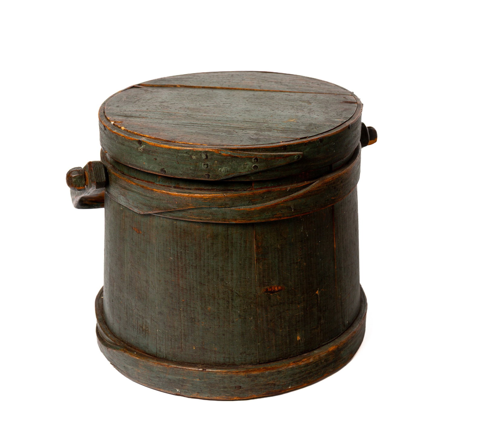 LARGE PAINTED FIRKIN.: LARGE PAINTED FIRKIN. American, 19th Century. Stave constructed with oak bands, iron tacks, thick bentwood swing handle, and lidded. 11.75"h. plus handle. 13.5"d. at base. Provenance: Nancy Goff